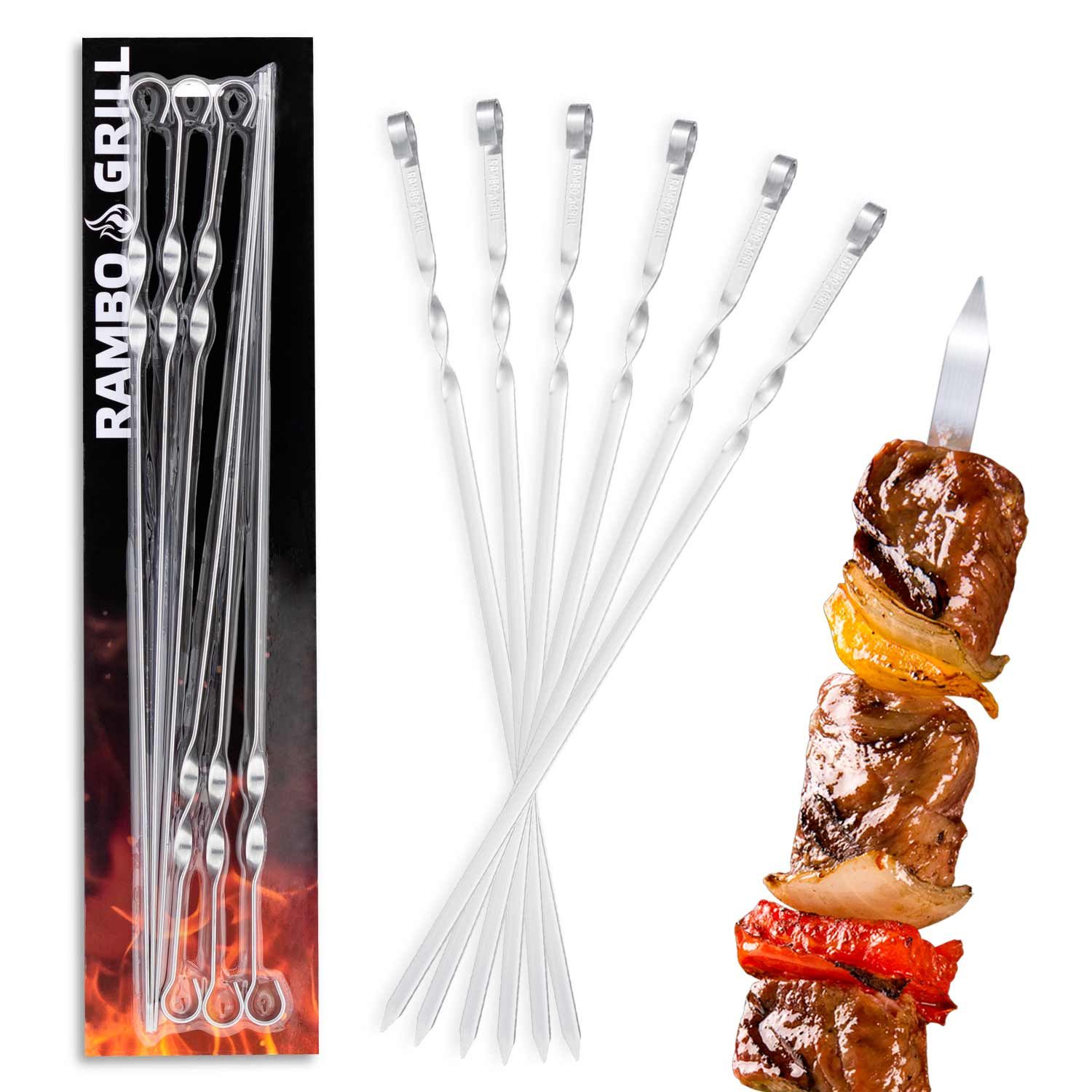 Spieße mit gegrilltem Fleisch und Gemüse. Einige Spieße sind in der Verpackung, andere lose. Weißer Hintergrund.