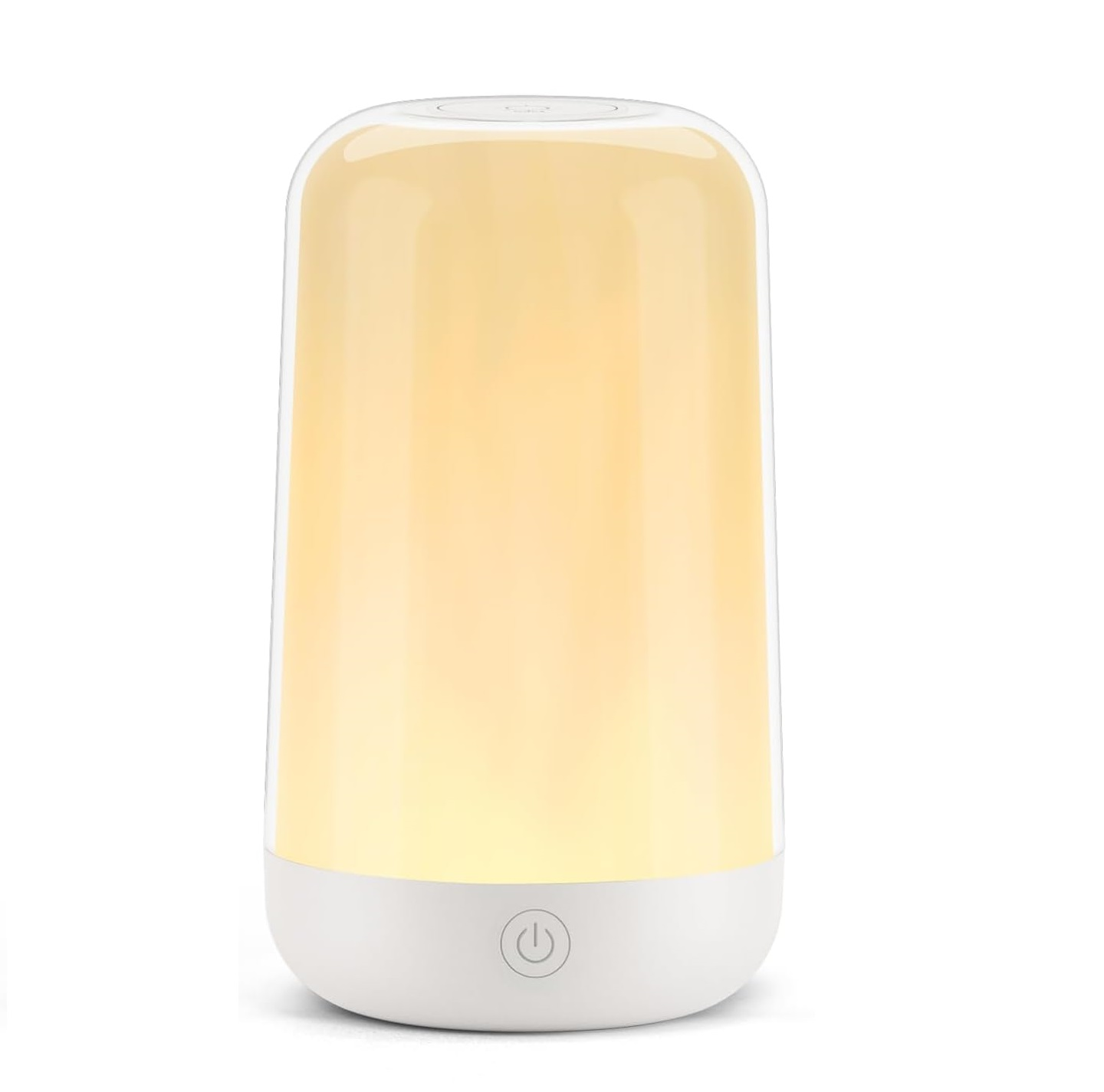Eine weiße und gelbe Nachttischlampe. Die Lampe ist zylinderförmig mit abgerundeter Oberseite und einem Berührungs-Ein-/Ausschalter.
