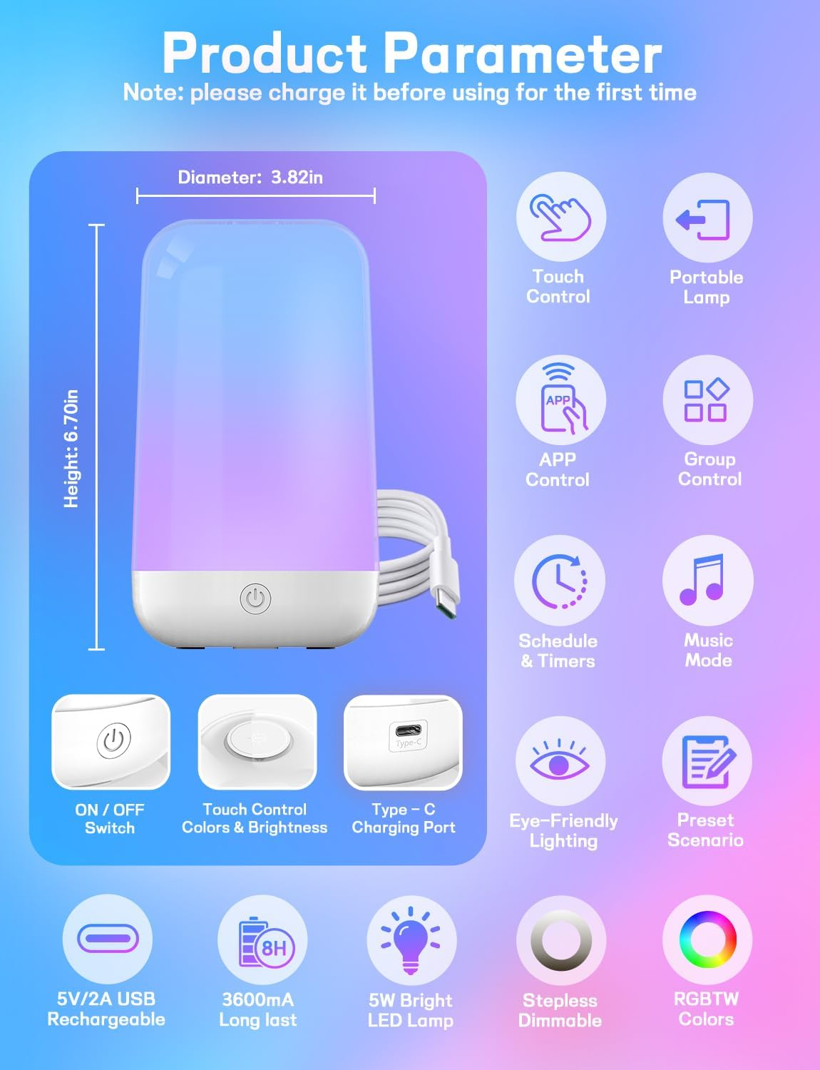 Eine Grafik mit Produktparametern, die eine Lampe mit Touch-Steuerung, App-Steuerung und einstellbaren Einstellungen zeigt.