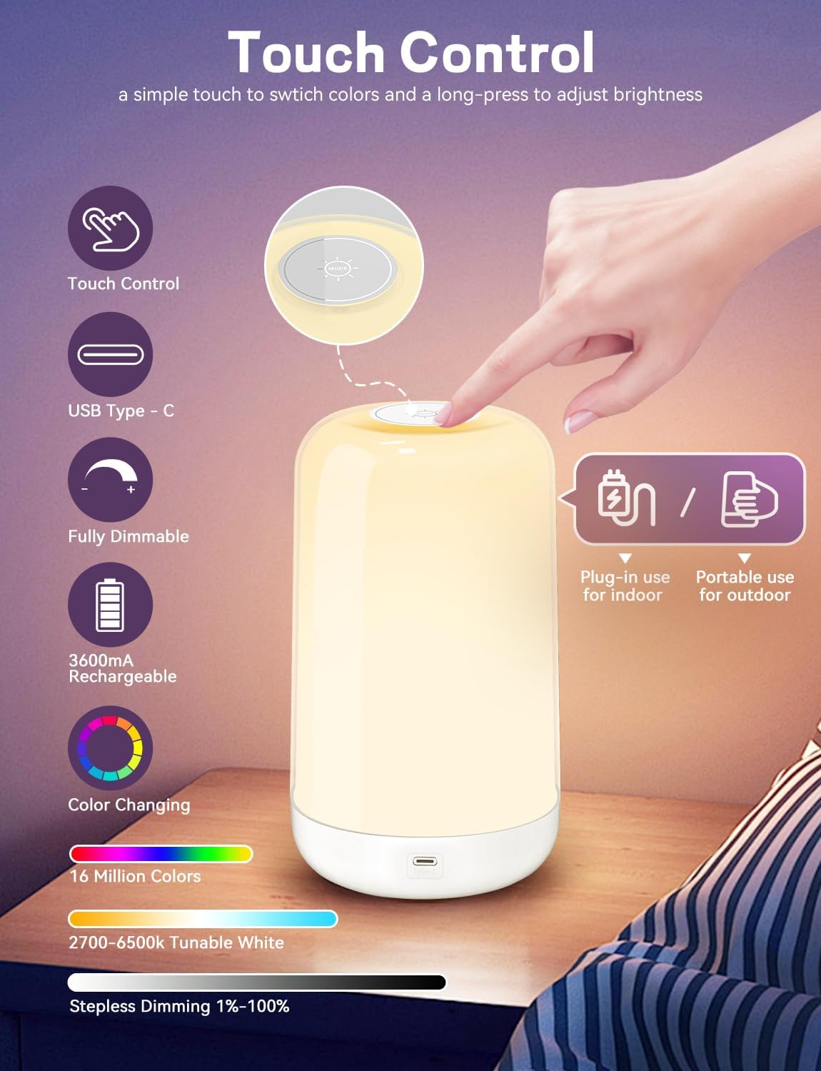 Eine Hand berührt eine Touch-Control-Lampe. Merkmale sind USB-C, dimmbar, wiederaufladbar, Farbwechsel und Plug-in/tragbare Nutzung.