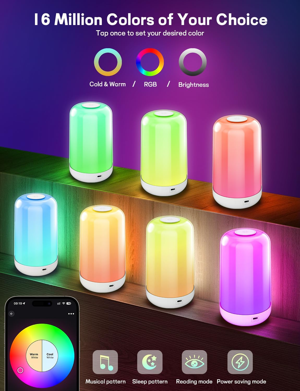 Das Bild zeigt farbenfrohe Lampen und ein Telefon mit Farbrad. Text sagt 16 Millionen Farben. Optionen: kalt/warm, RGB, Helligkeit.