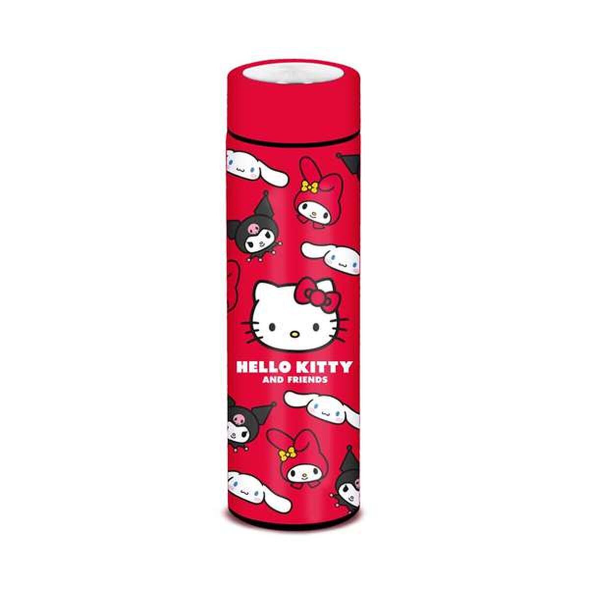 Rote Hello Kitty-Trinkflasche mit weißen Figuren. Die Flasche hat einen roten Deckel und Körper mit Kitty- und Freund-Bildern.
