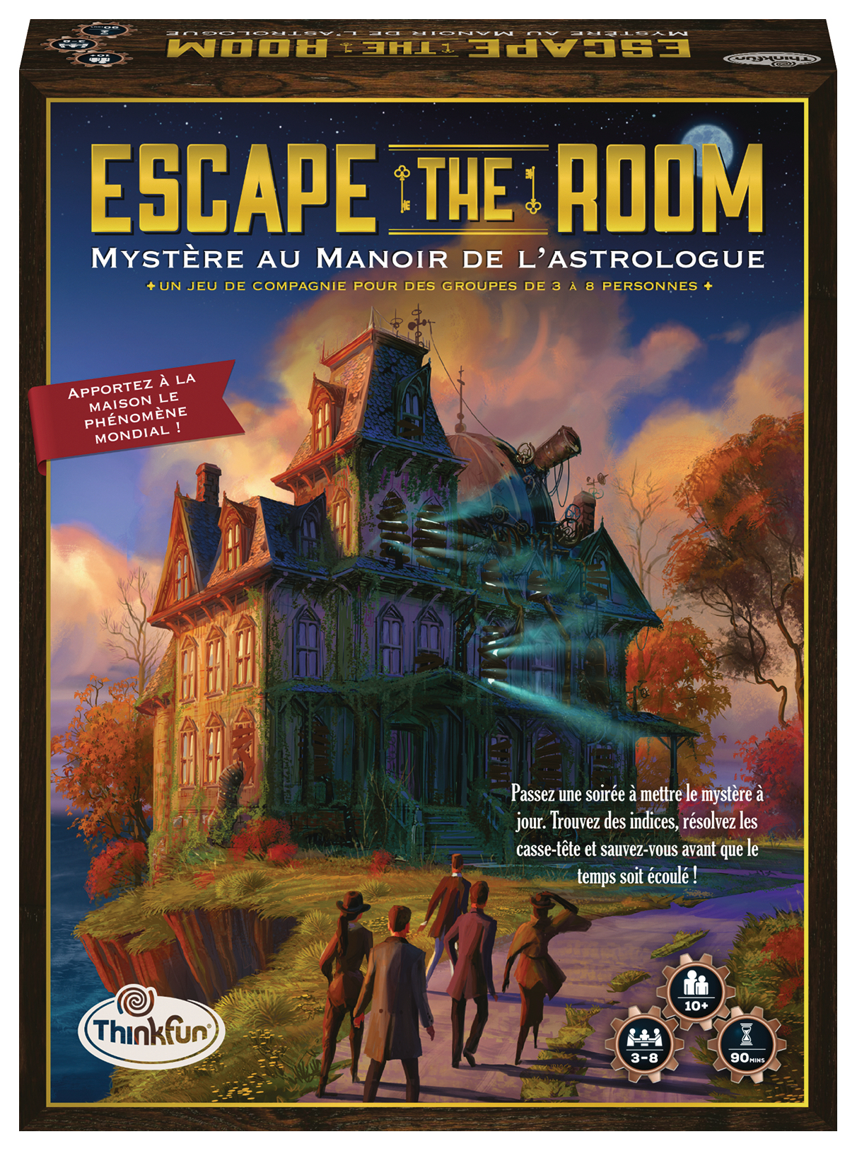 Illustrazione della scatola del gioco Escape The Room. Una casa spettrale su una scogliera con persone che camminano verso di essa. Cielo scuro.
