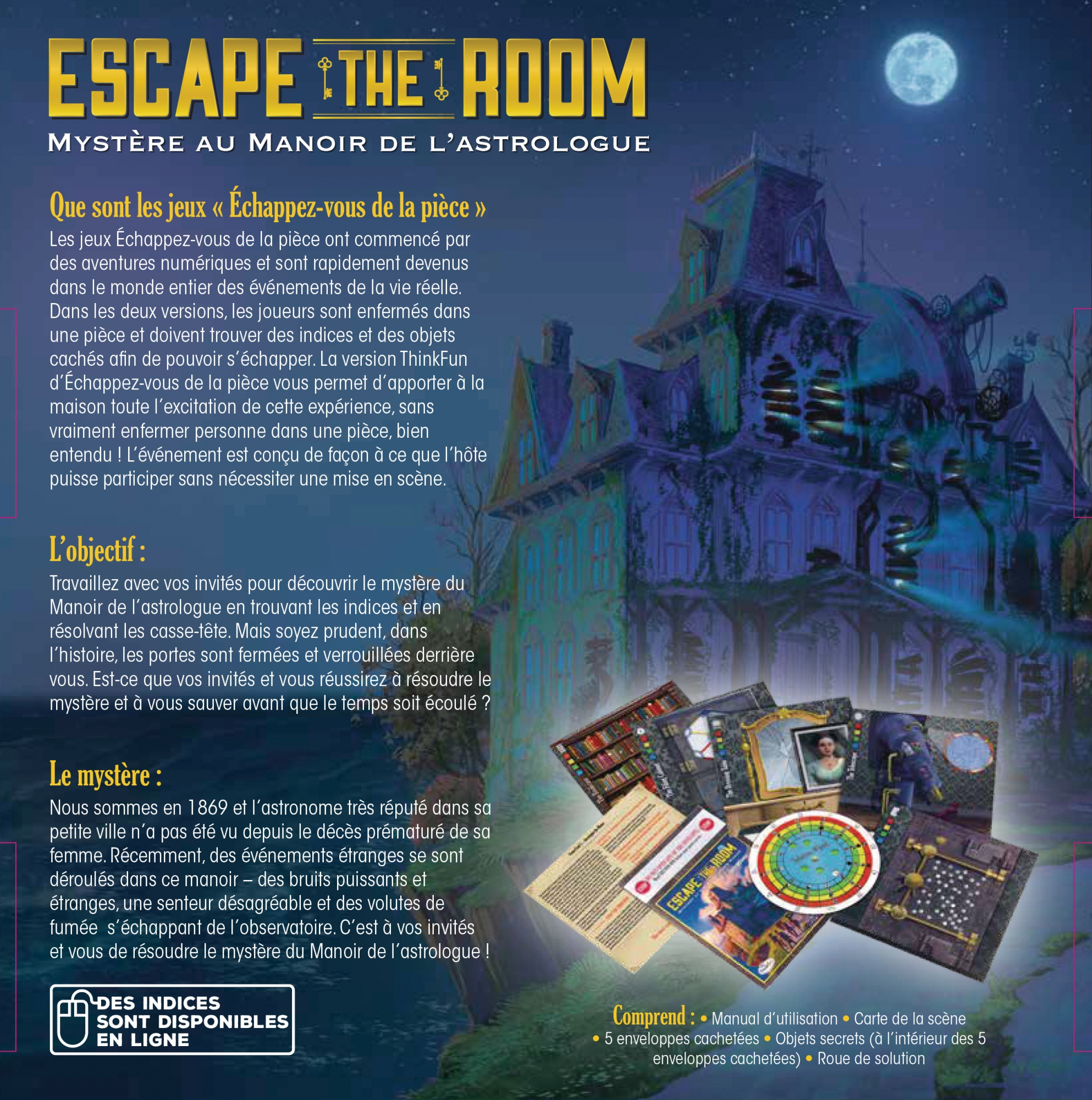 L'immagine mostra un gioco da tavolo con un'illustrazione di una casa infestata e componenti del gioco. Una luna piena nel cielo.