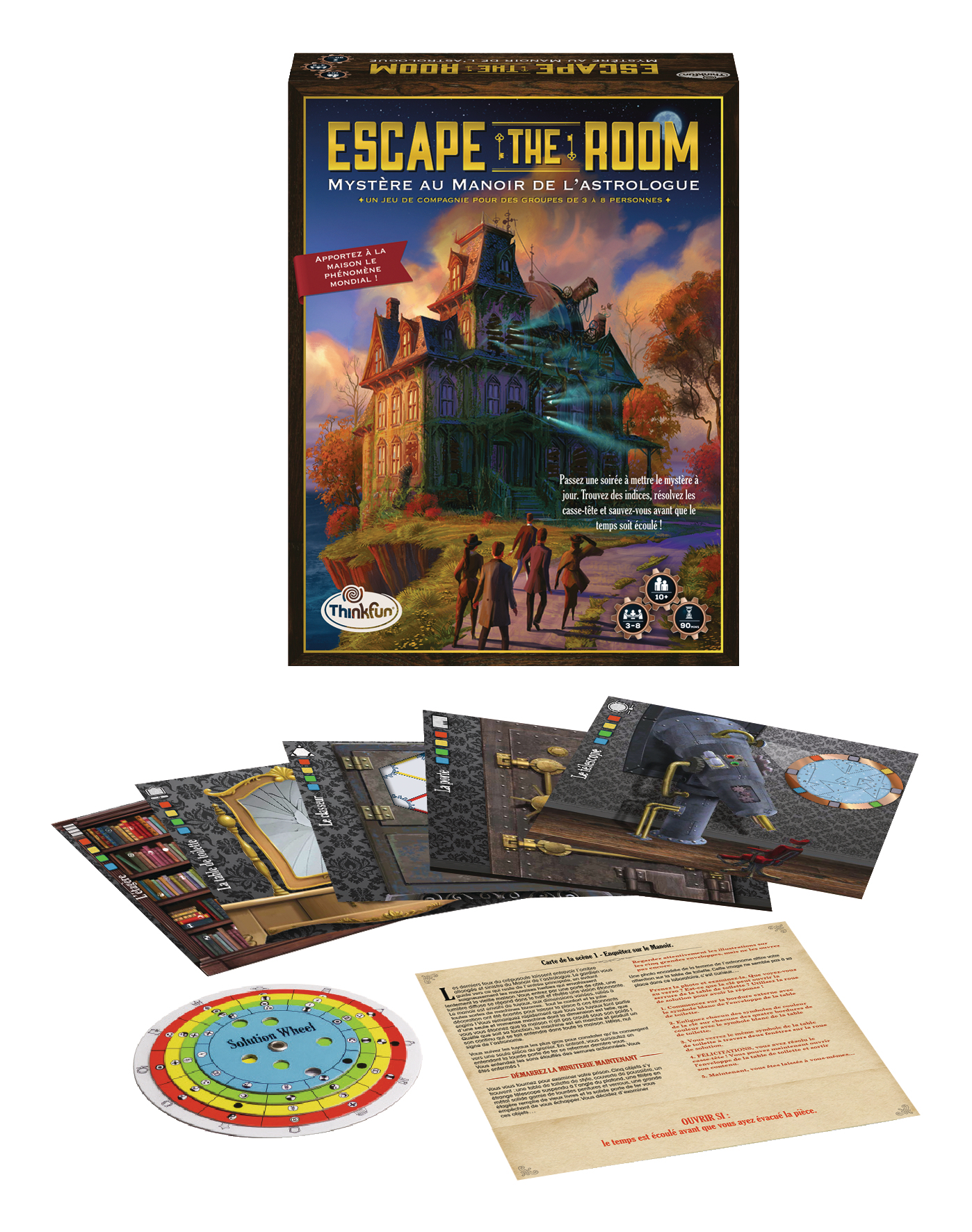 Illustrazione della scatola del gioco Escape the Room. Un maniero spettrale con figure, componenti di gioco e istruzioni in francese.