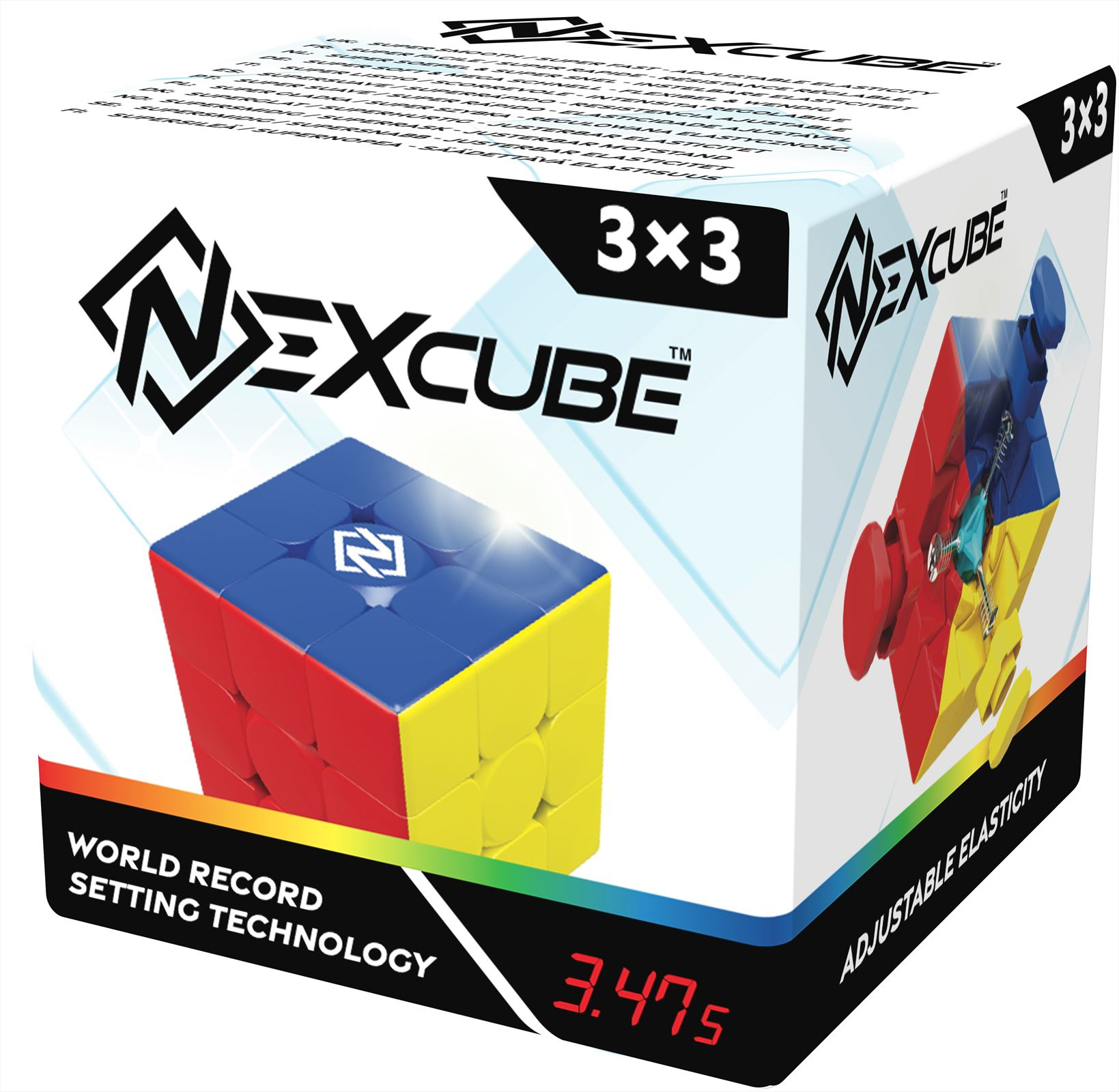Kostka Nexcube 3x3 w pudełku. Kostka ma czerwone, żółte i niebieskie boki. Pudełko zawiera tekst i timer.