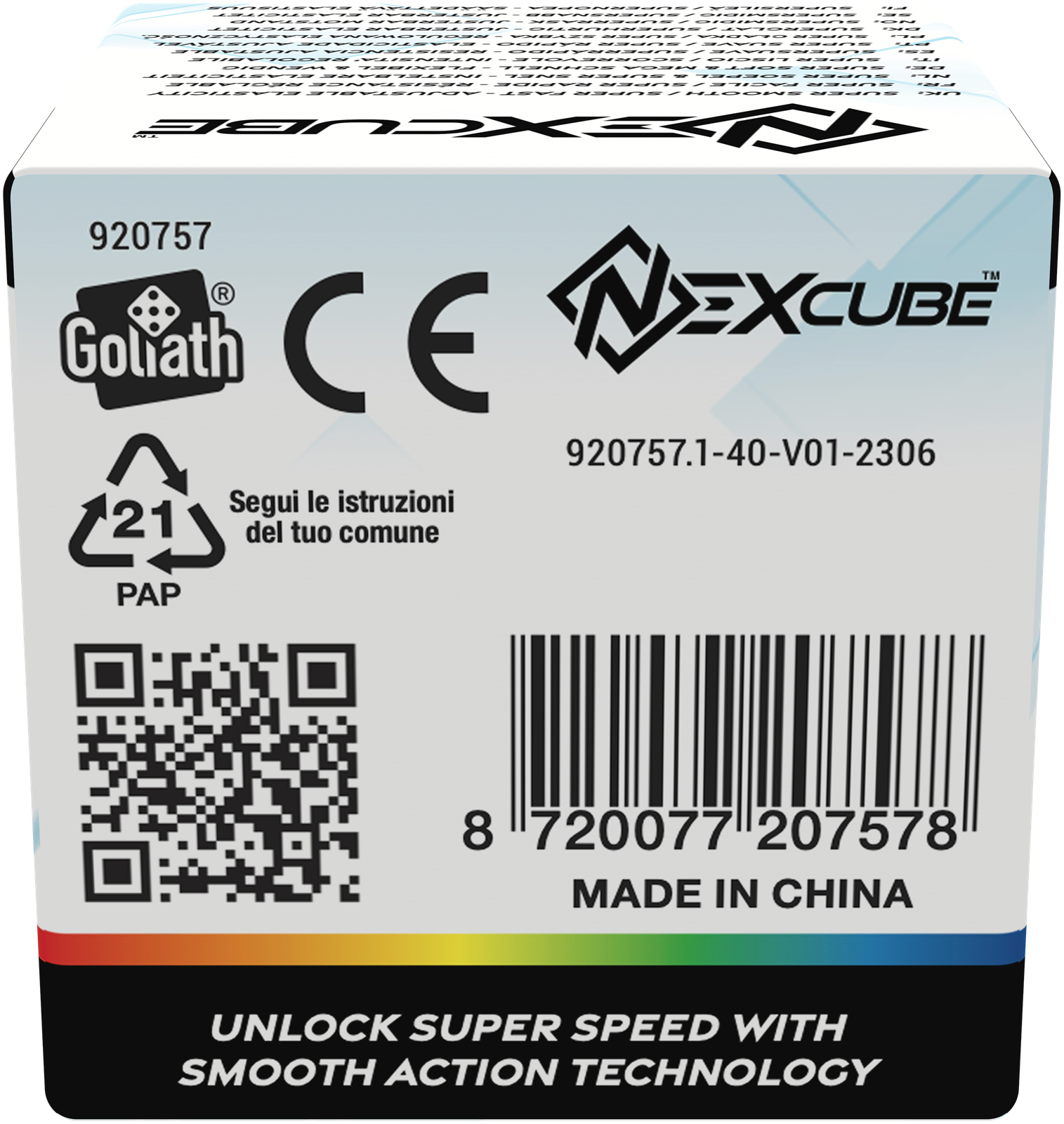 Białe pudełko z tekstem i logo, w tym 'Goliath' i 'NEXCUBE'. Posiada kod QR i kod kreskowy.