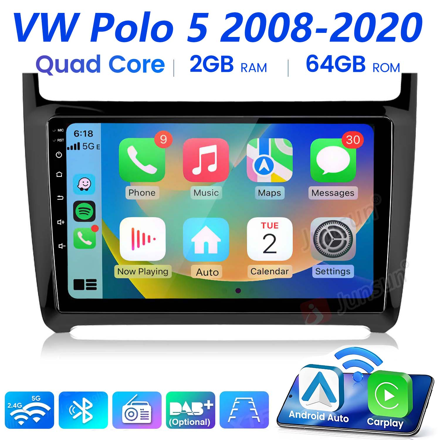Autoradio con schermo, che mostra le icone delle app. Il testo in alto dice VW Polo 5 2008-2020. Sono presenti le icone di Android Auto e Carplay.