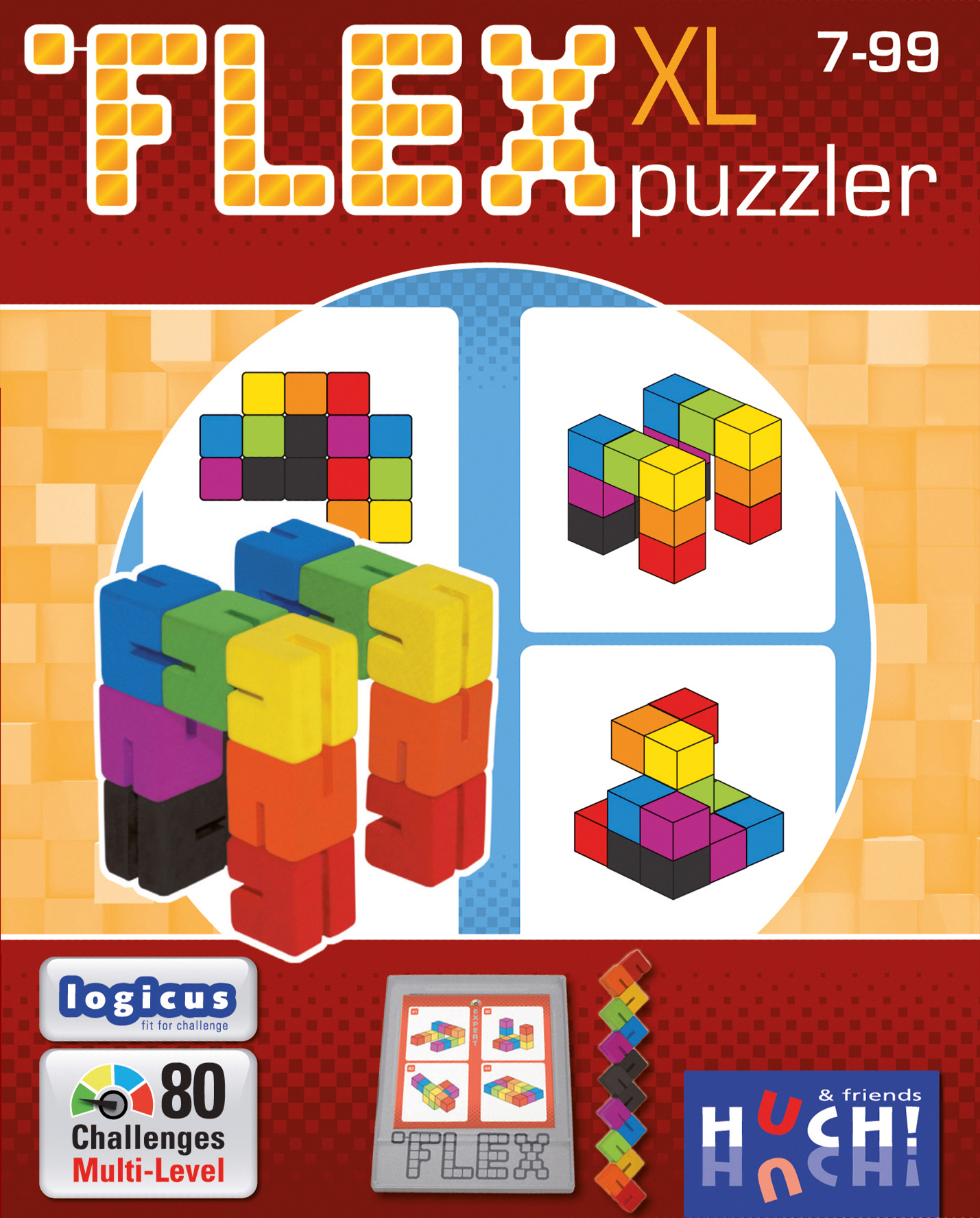 La boîte du casse-tête Flex XL avec des pièces colorées, des images de puzzles résolus et du texte promotionnel.