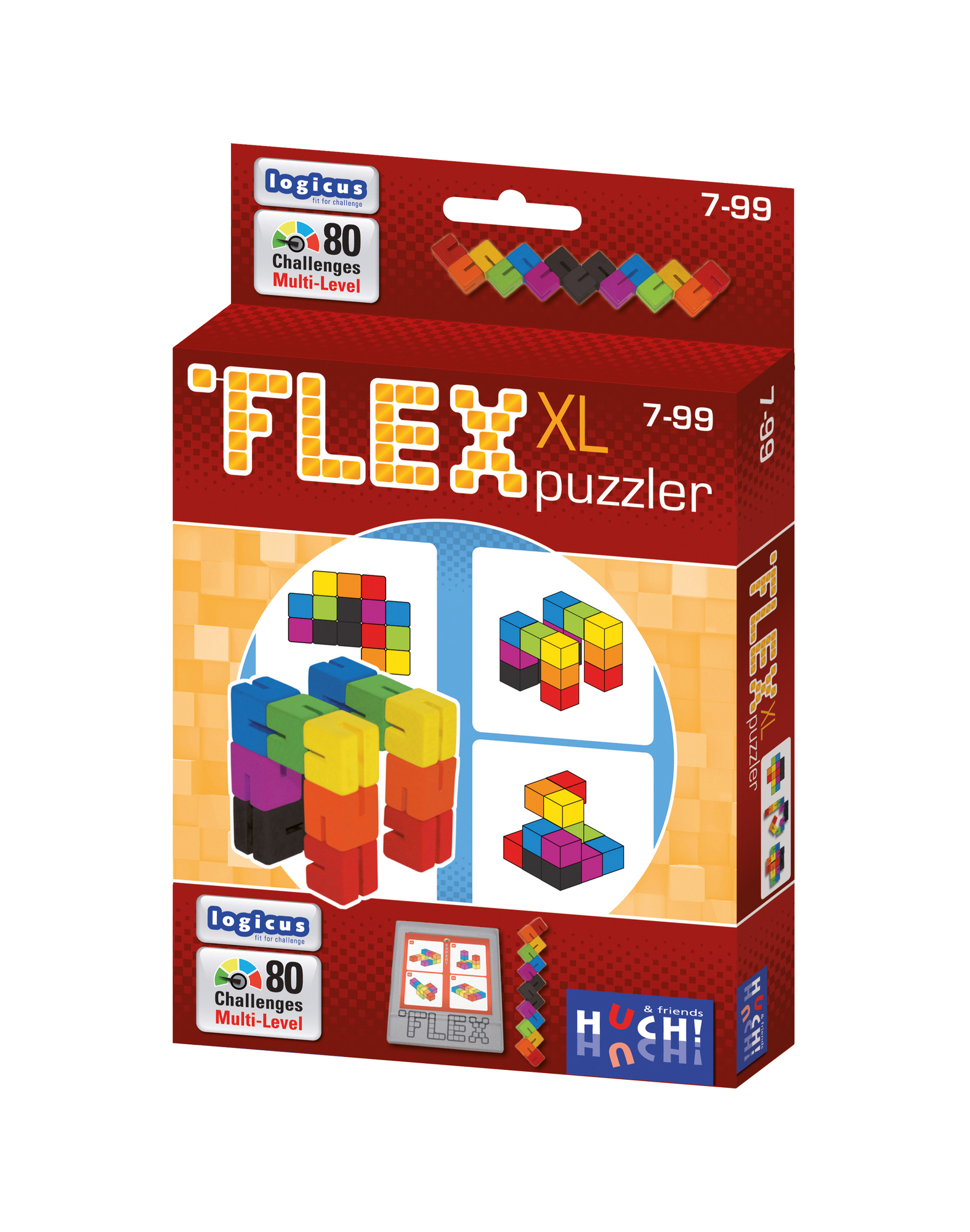 Boîte de puzzle Flex XL avec blocs colorés. Contient le nom de la marque, la tranche d'âge et le nombre de défis.