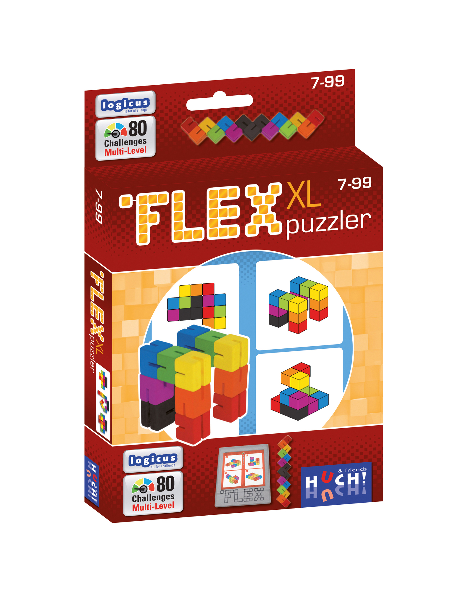 Boîte de puzzle Flex XL. Il y a des blocs colorés, le logo et le nombre 80.