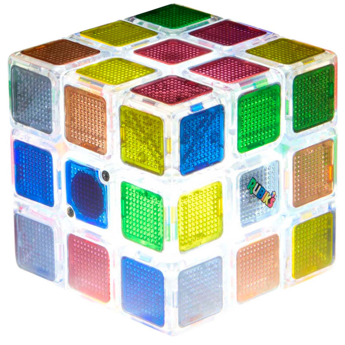 Kostka Rubika z przezroczystymi bokami i kolorowymi kwadratami. Kolory to zielony, czerwony, żółty, niebieski, pomarańczowy i różowy.