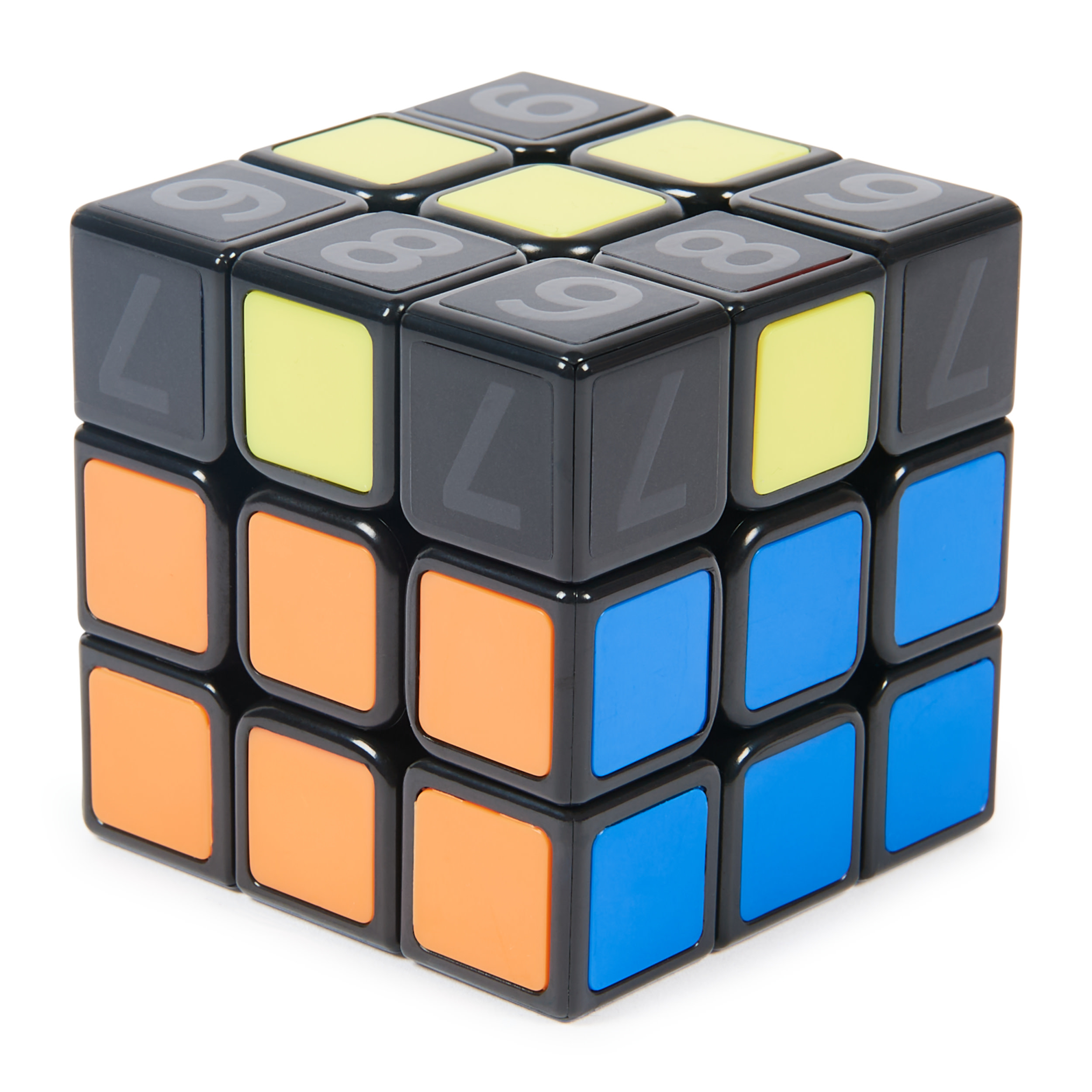 Ein Rubik's Cube mit schwarzen Seiten, gelben, orangen und blauen Quadraten. Zahlen sind vorhanden.