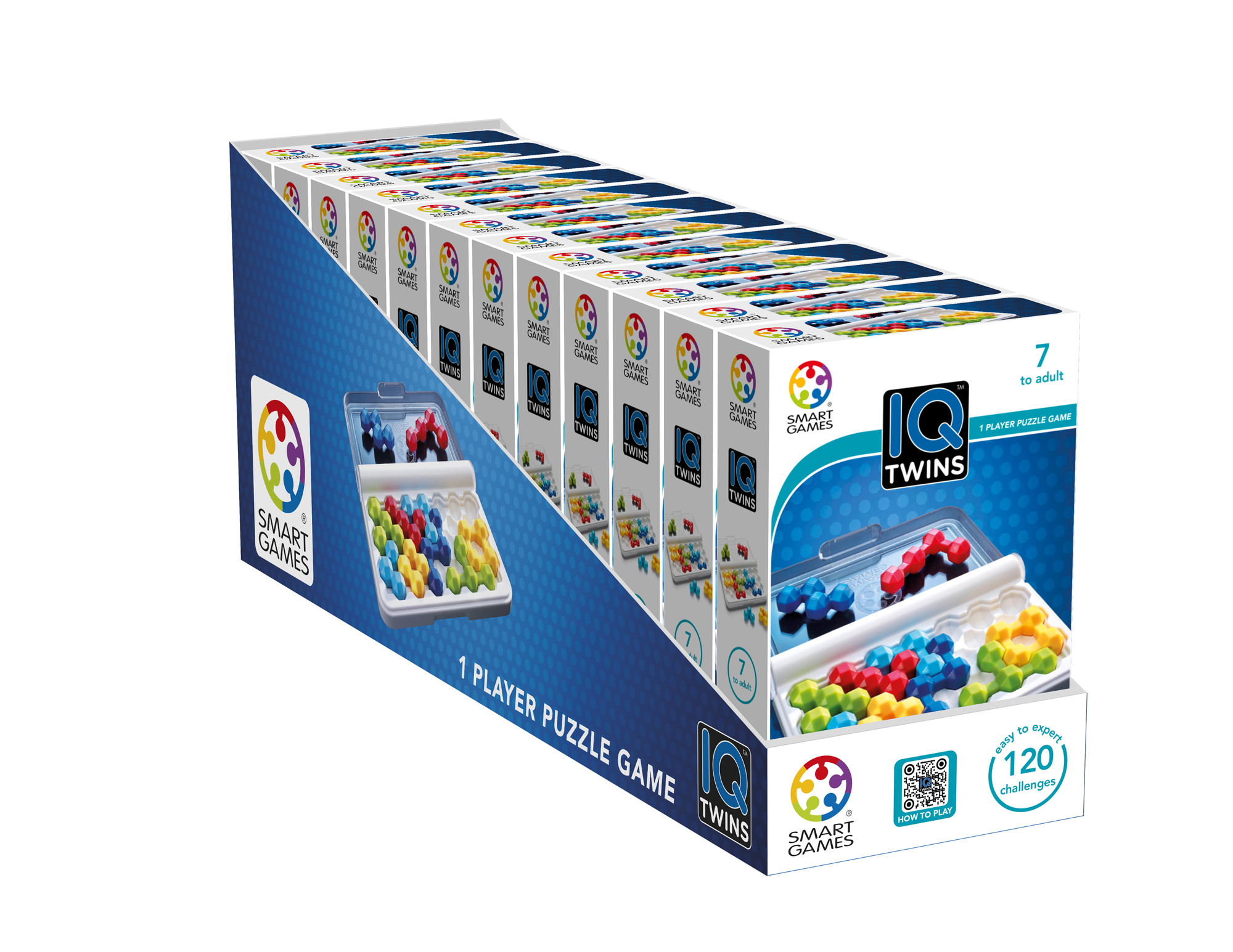 Una caja del juego de rompecabezas IQ Twins. Muestra las piezas del juego y el diseño de la caja con la marca SMART GAMES.