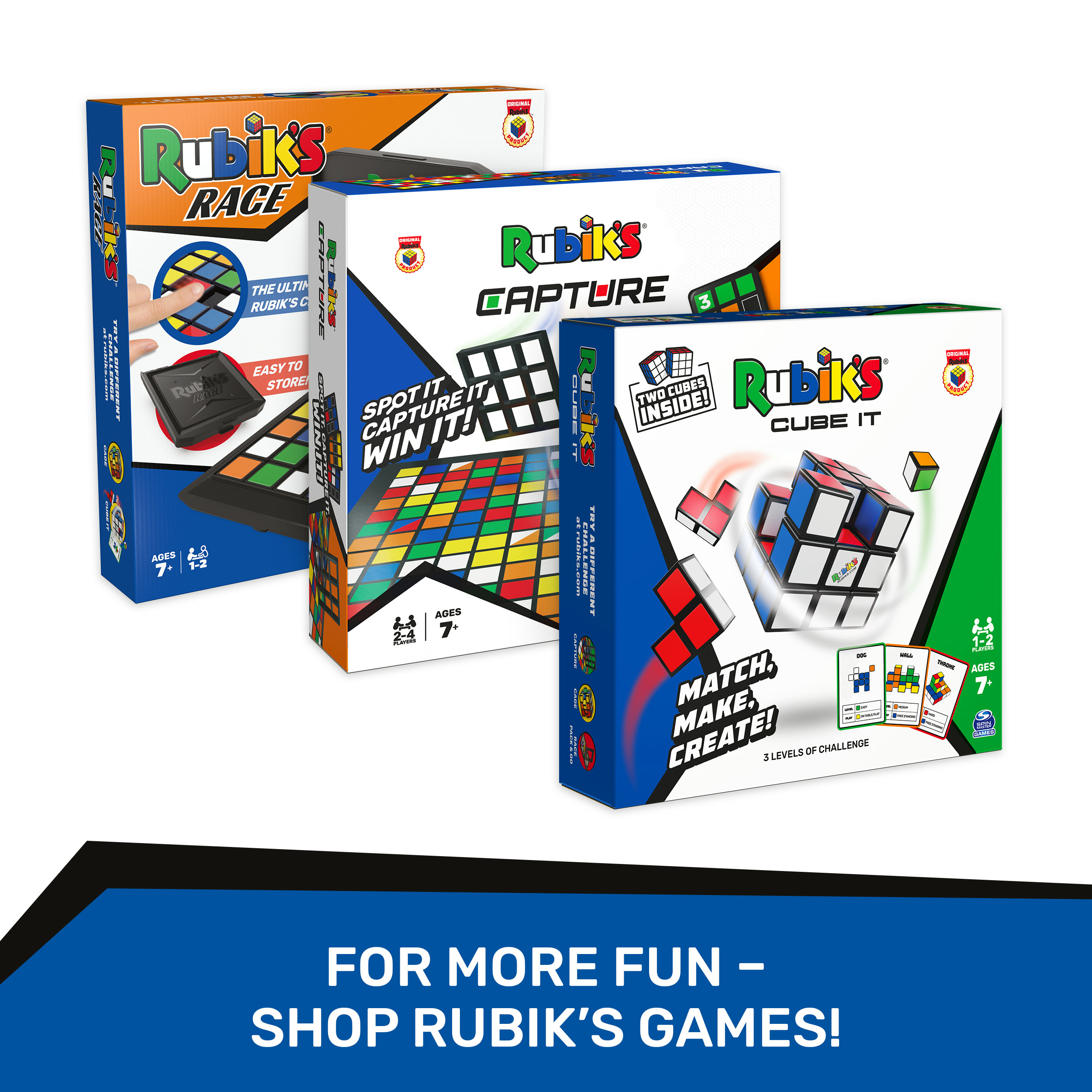 Drei Rubik's-Spielboxen: Race, Capture und Cube It. Blauer Hintergrund mit Text: Für mehr Spaß - Rubik's-Spiele kaufen!