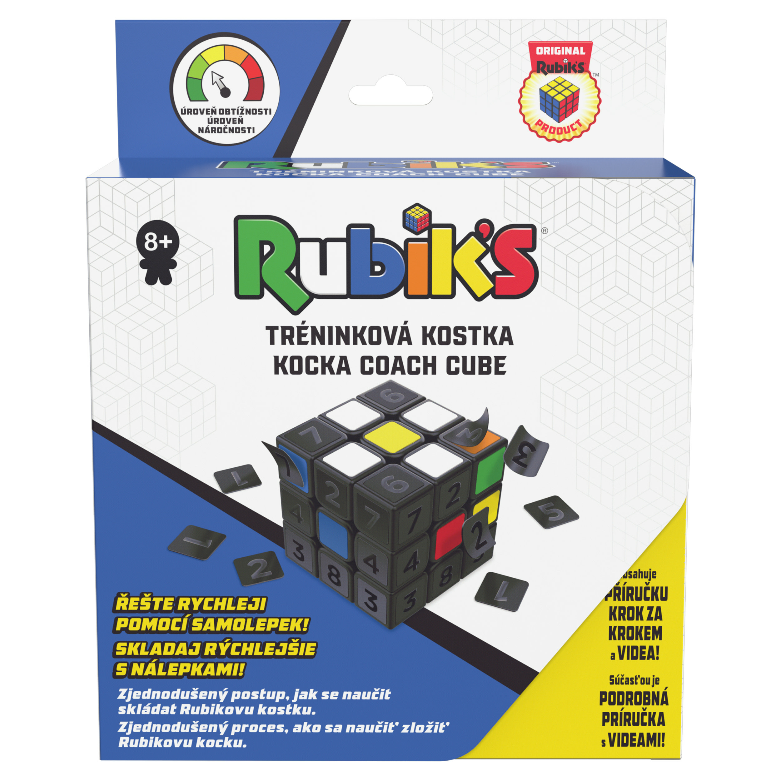 Rubik's Coach Cube Box. Zeigt einen Rubik's Cube, Text und eine Schwierigkeitsanzeige.
