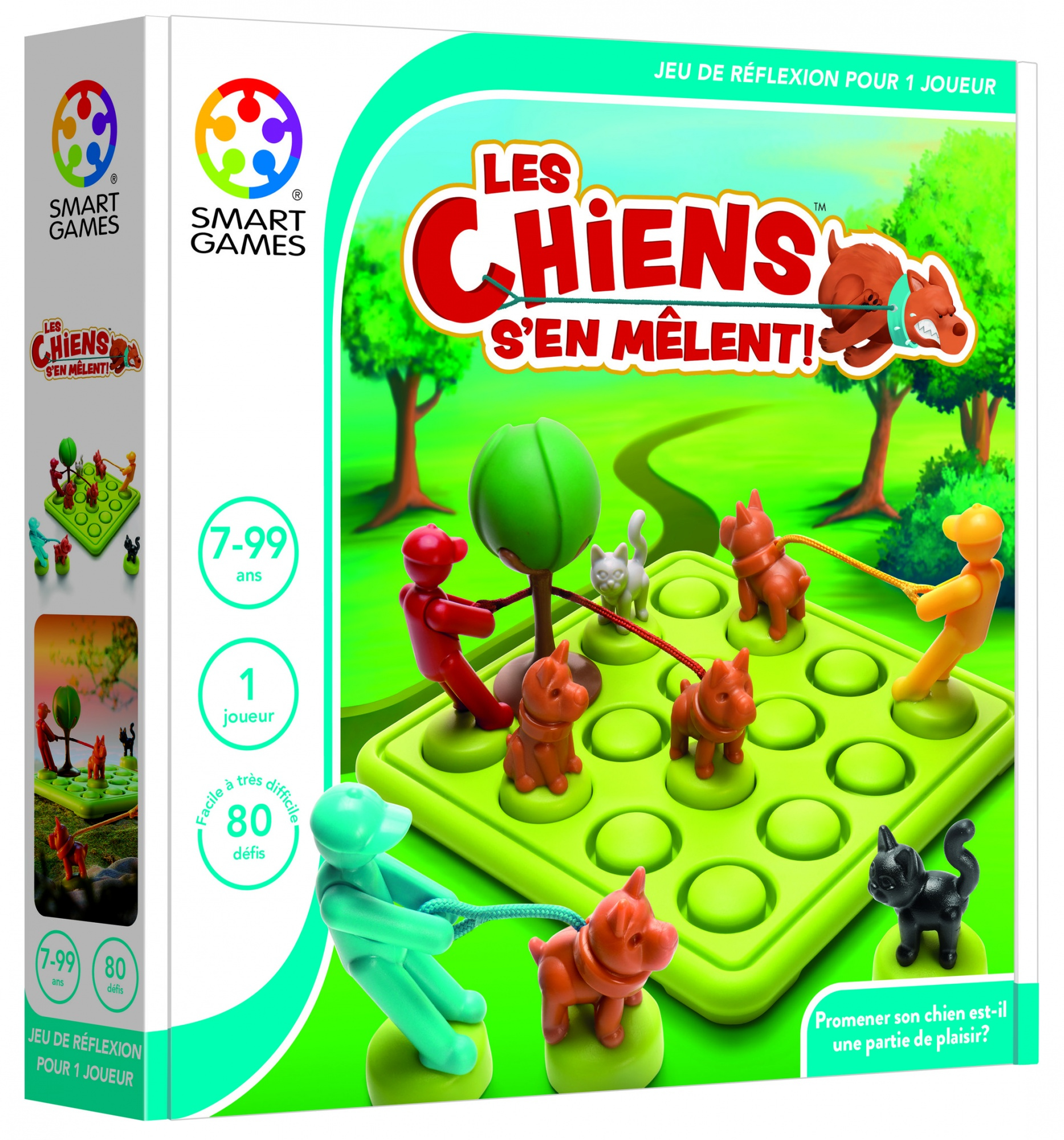 Pudełko z grą przedstawia układankę z motywem psów. Zawiera figurki psów, ludzi i zieloną planszę do gry.