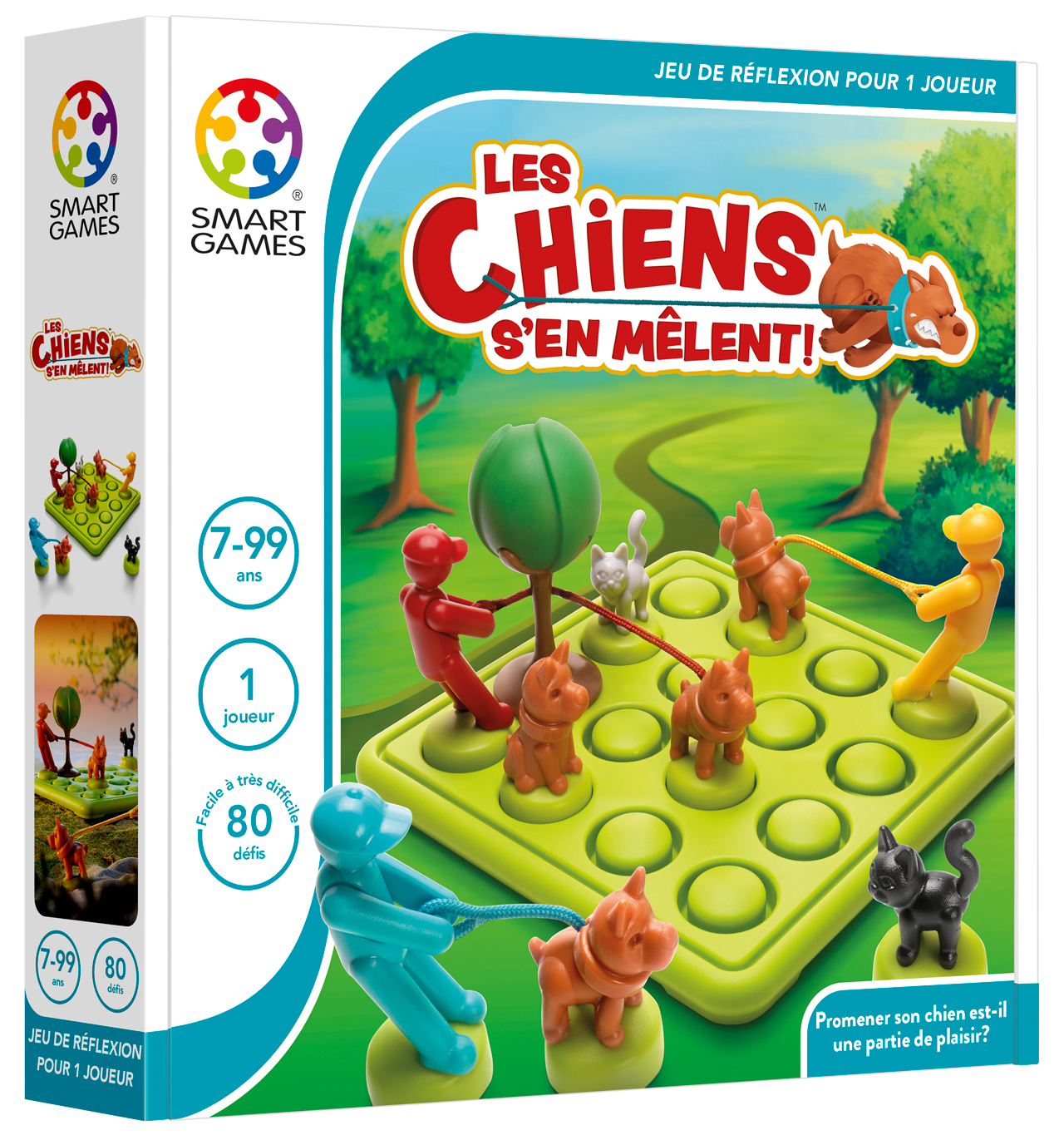 Grafika pudełka przedstawia grę logiczną z psami z kolorowymi figurkami. Zawiera psy, koty i ludzi na zielonej planszy.