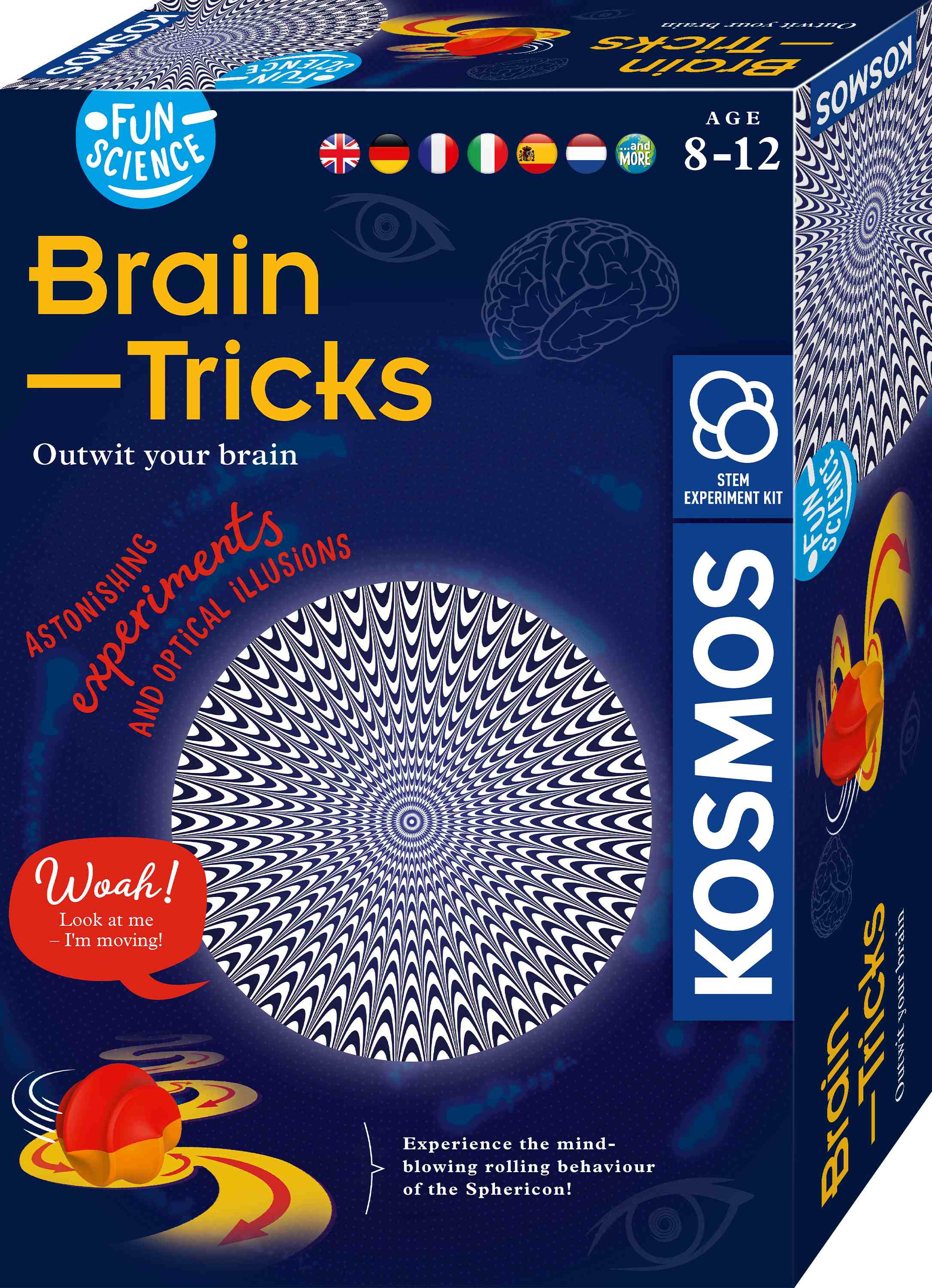 Pudełko z napisem 'Brain Tricks', obrazem iluzji optycznej i ilustracją Sphericonu.