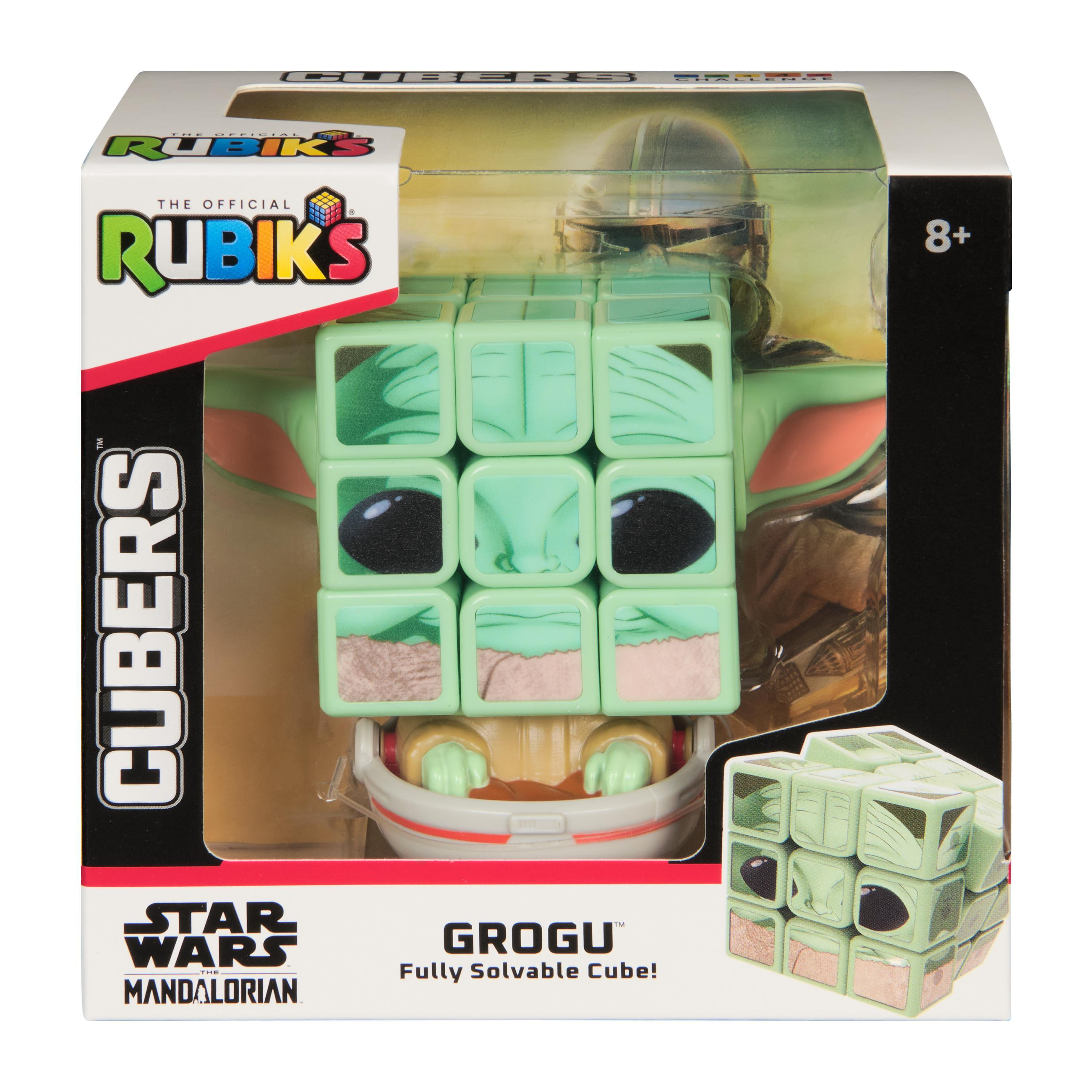 Ein Rubik's Cube-Spielzeug mit Grogu aus The Mandalorian. Die Box zeigt den Würfel, die Figur und das Star Wars-Logo.