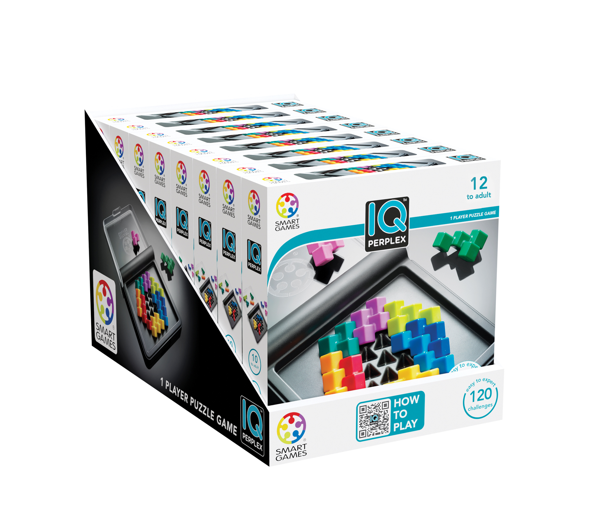 Scatola del gioco di puzzle IQ Perplex. Include pezzi colorati, una scacchiera e istruzioni. La scatola è bianca e nera.