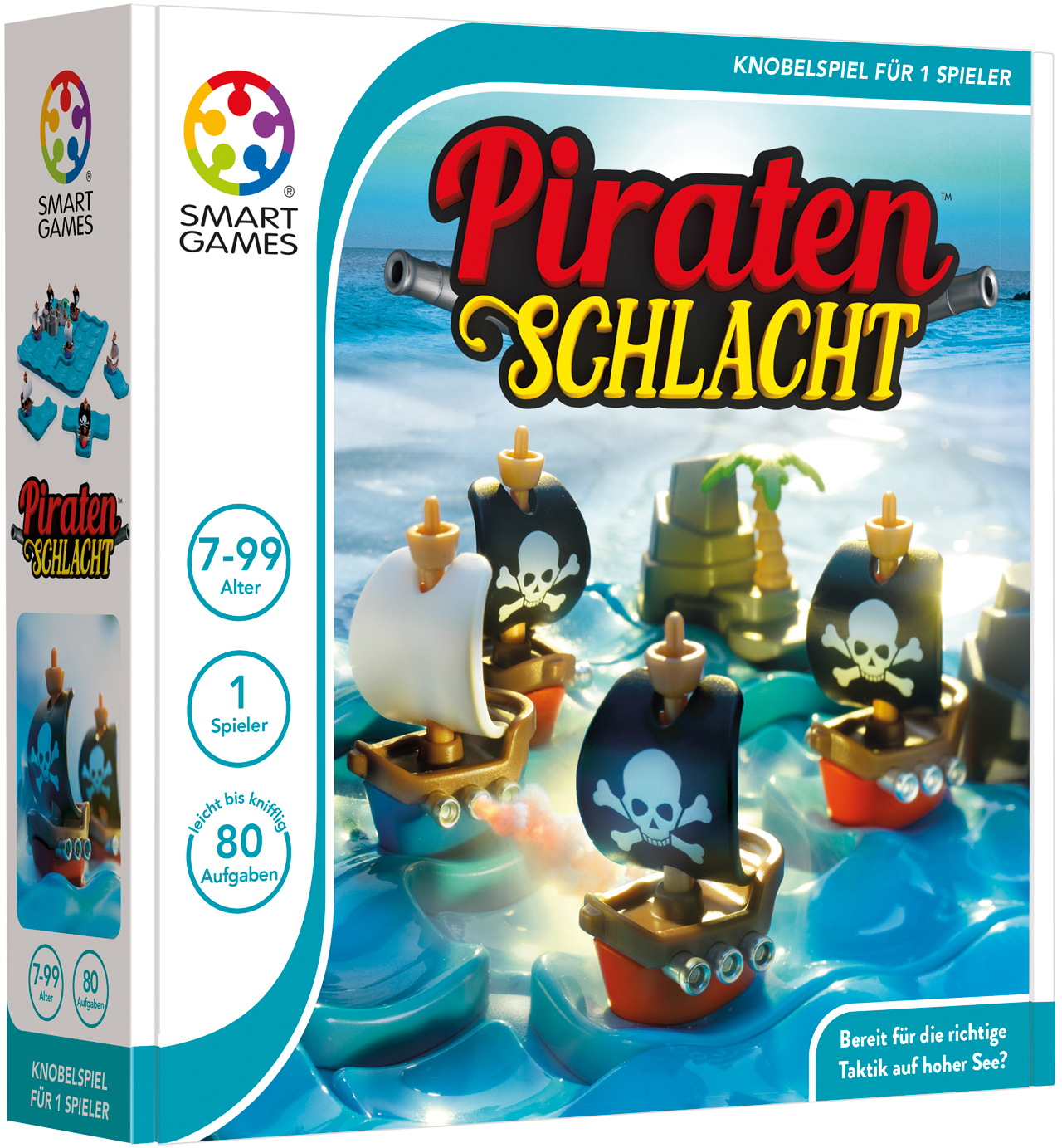 Pudełko z grą przedstawia grę w statki pirackie. Statki z flagami z czaszkami żeglują po niebieskiej wodzie. Tytuł to 'Piraten Schlacht'.
