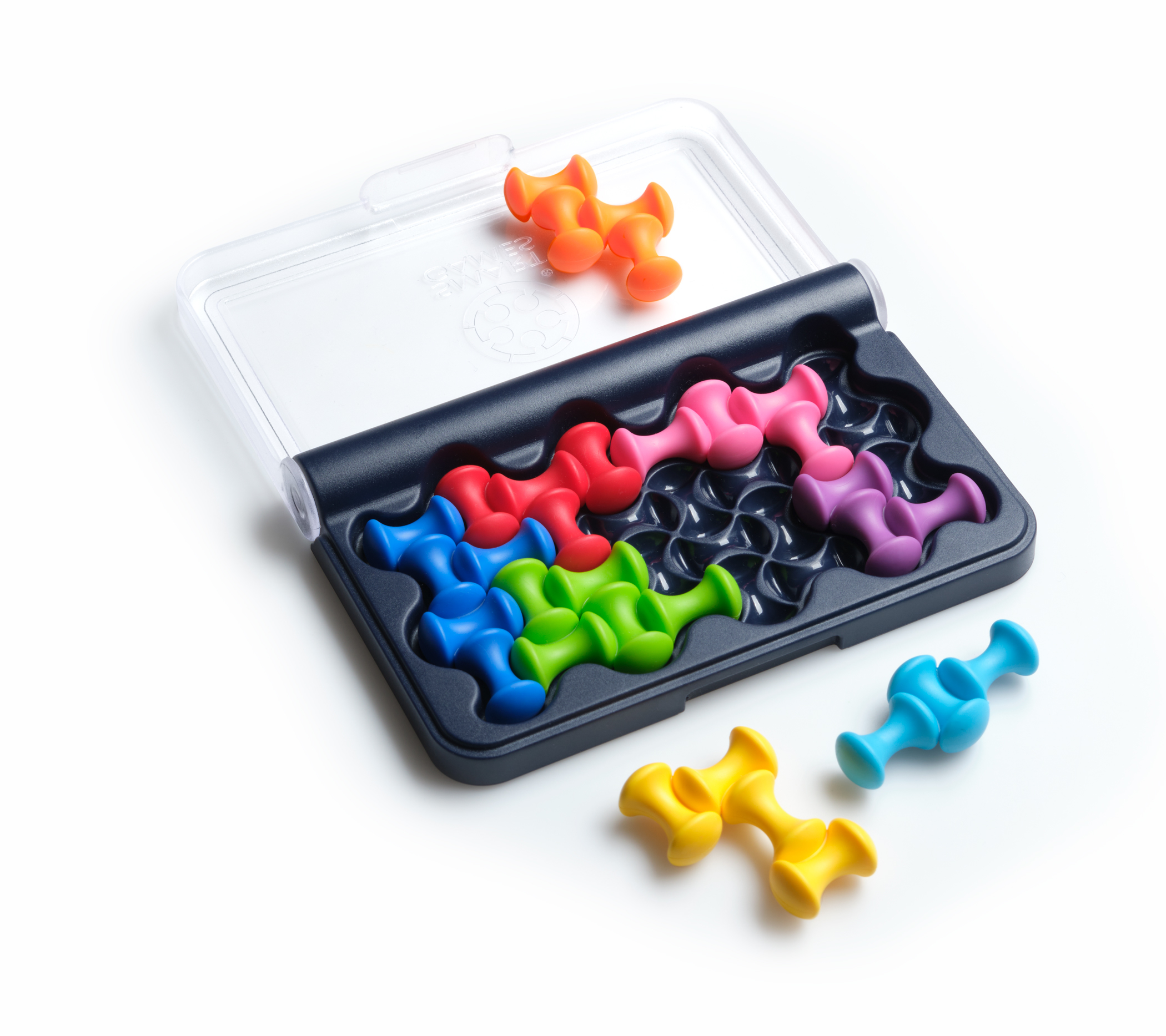 Ein Puzzlespiel mit bunten, ineinandergreifenden Teilen in einer Hülle. Einige Teile sind draußen. Farben sind Orange, Rot, Rosa, Grün, Blau, Gelb und Lila.