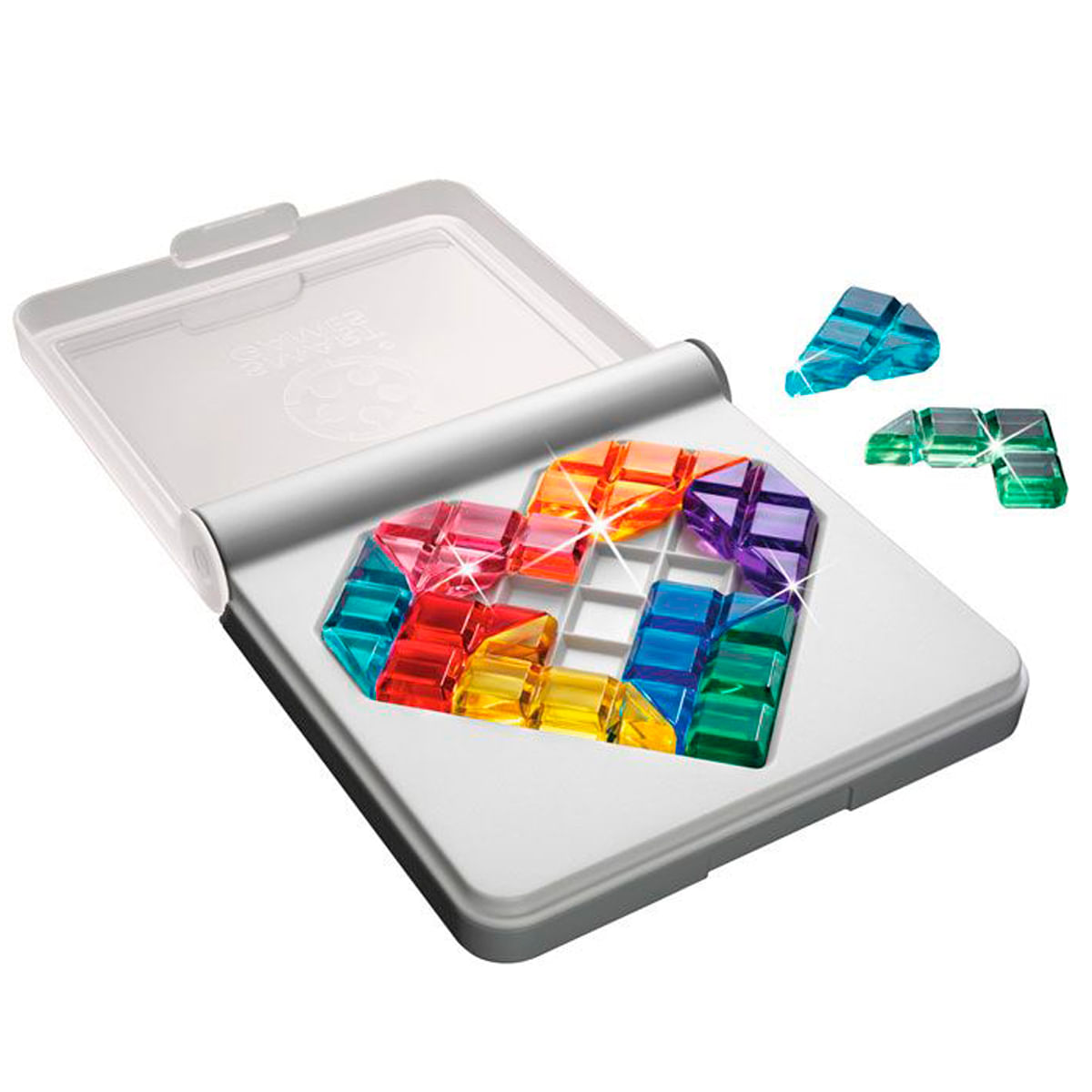 Un gioco di puzzle a forma di cuore. Il cuore è formato da blocchi colorati e traslucidi all'interno di una custodia bianca, con pezzi.