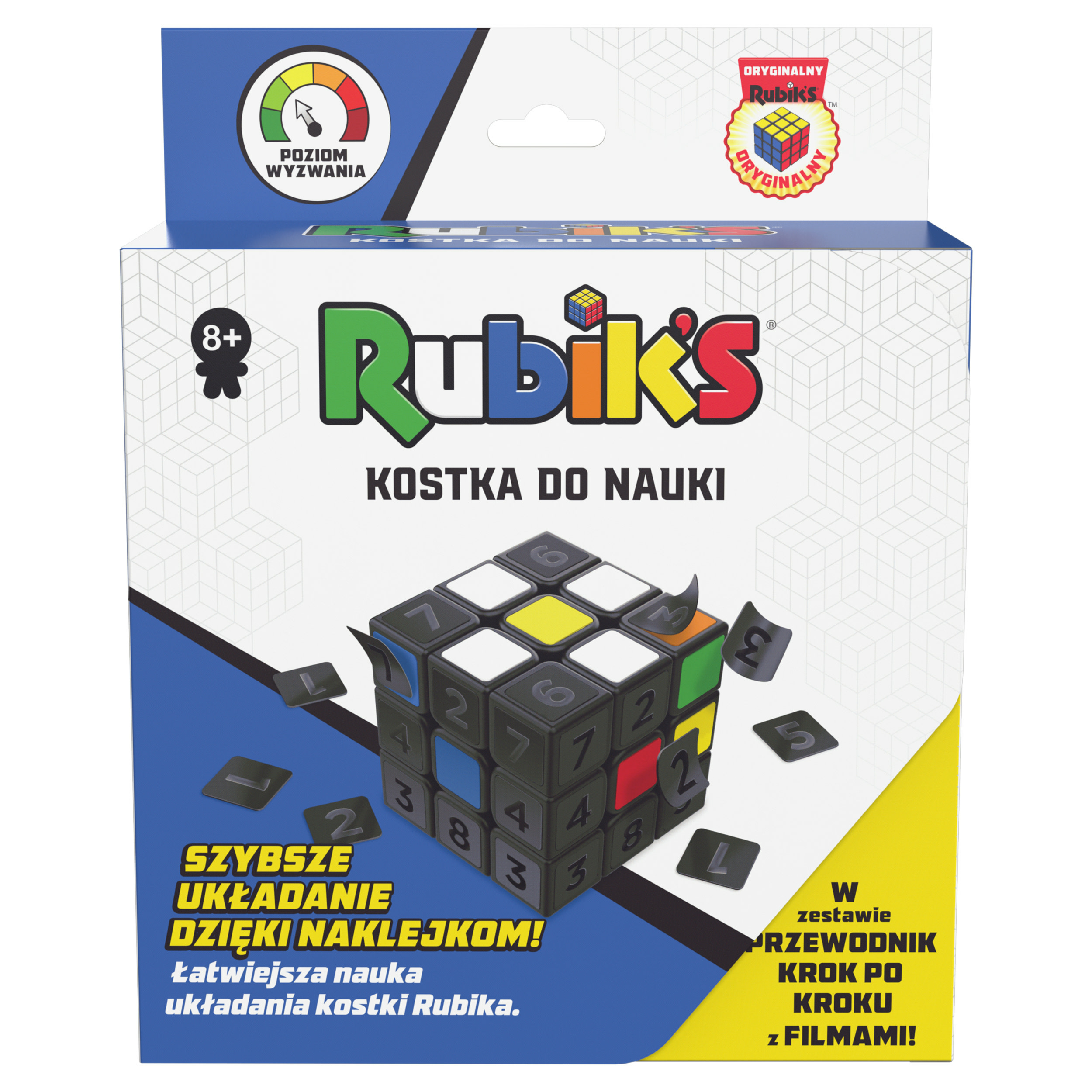 Rubik's Würfelbox mit Würfel, Text und Aufklebern. Farben: Blau, Grün, Rot, Gelb.