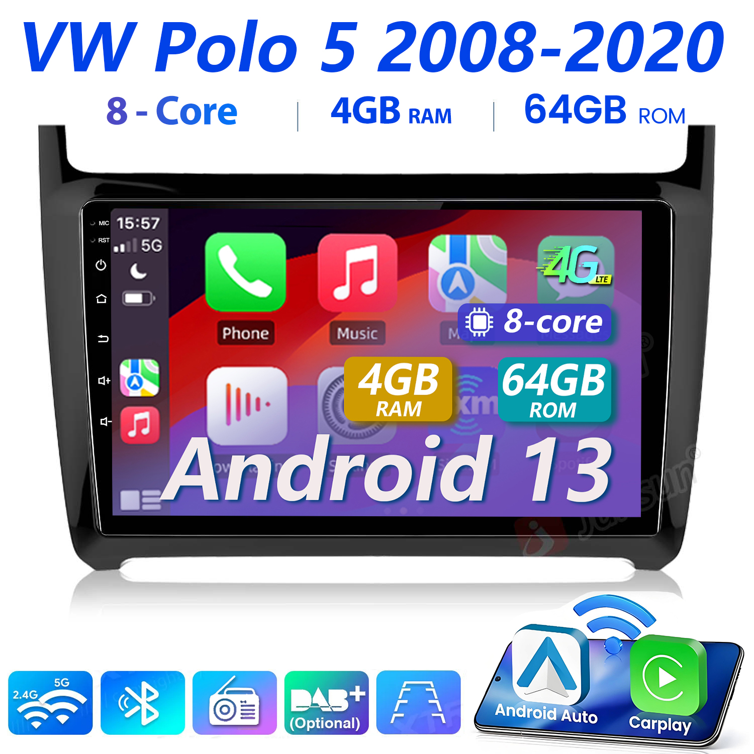 Autoradio con Android 13, 4GB RAM, 64GB ROM e processore a 8 core. Funzioni: telefono, musica e Android Auto/Carplay.