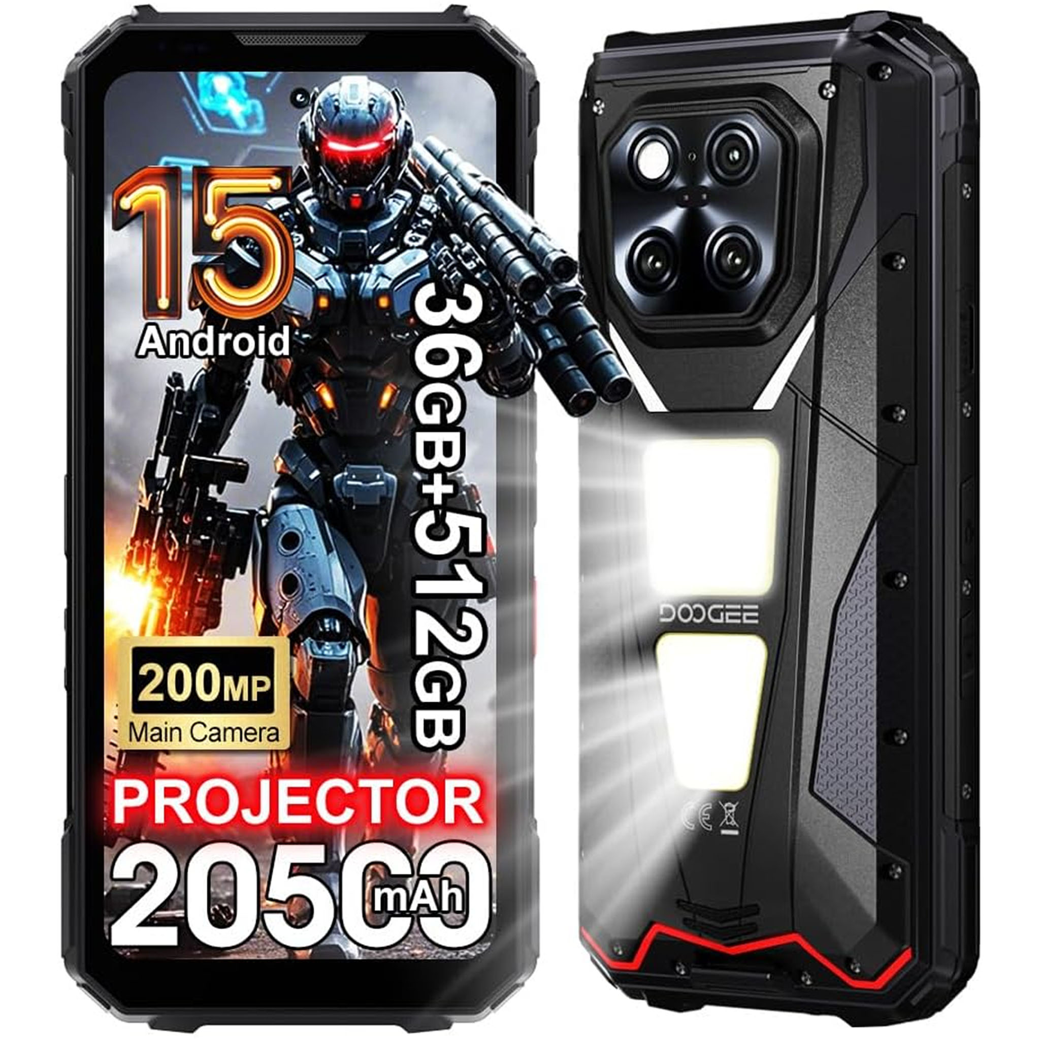 Ein robustes Smartphone zeigt einen futuristischen Krieger. Zu den Merkmalen gehören eine 200MP-Kamera, ein Projektor und ein 2050mAh-Akku.