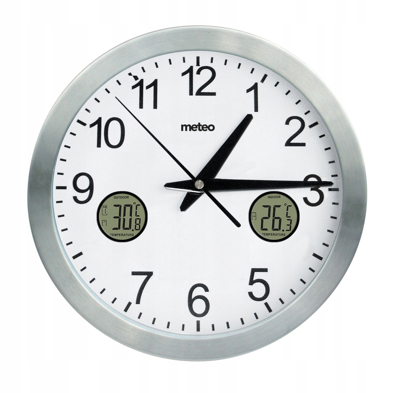 Okrągły zegar ze srebrną ramą. Pokazuje godzinę i temperaturę wewnątrz i na zewnątrz. Wskazówki zegara wskazują 1:00.