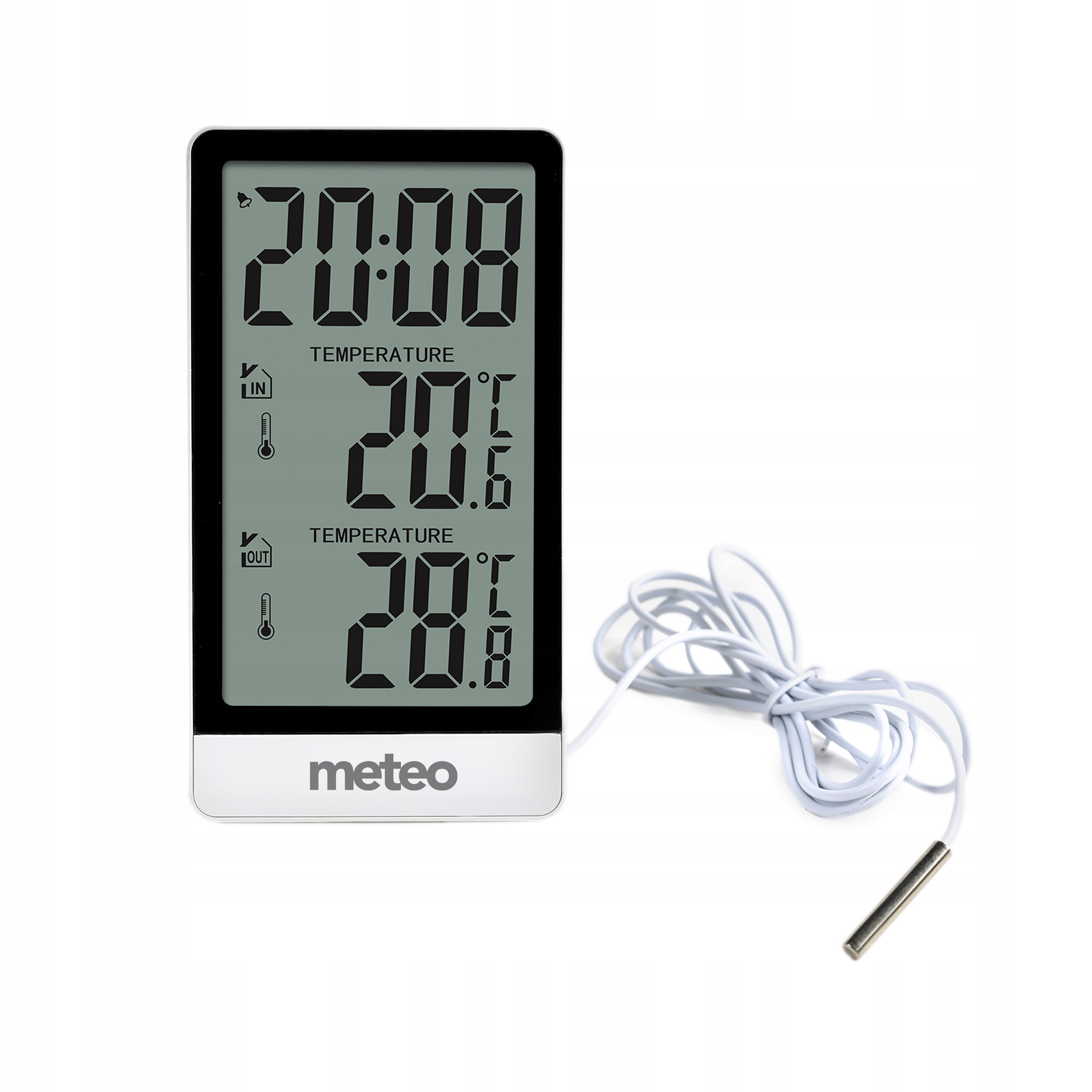 Cyfrowy termometr wyświetlający godzinę i dwie temperatury. Biały przewód i czujnik po prawej. Czarny i srebrny design.