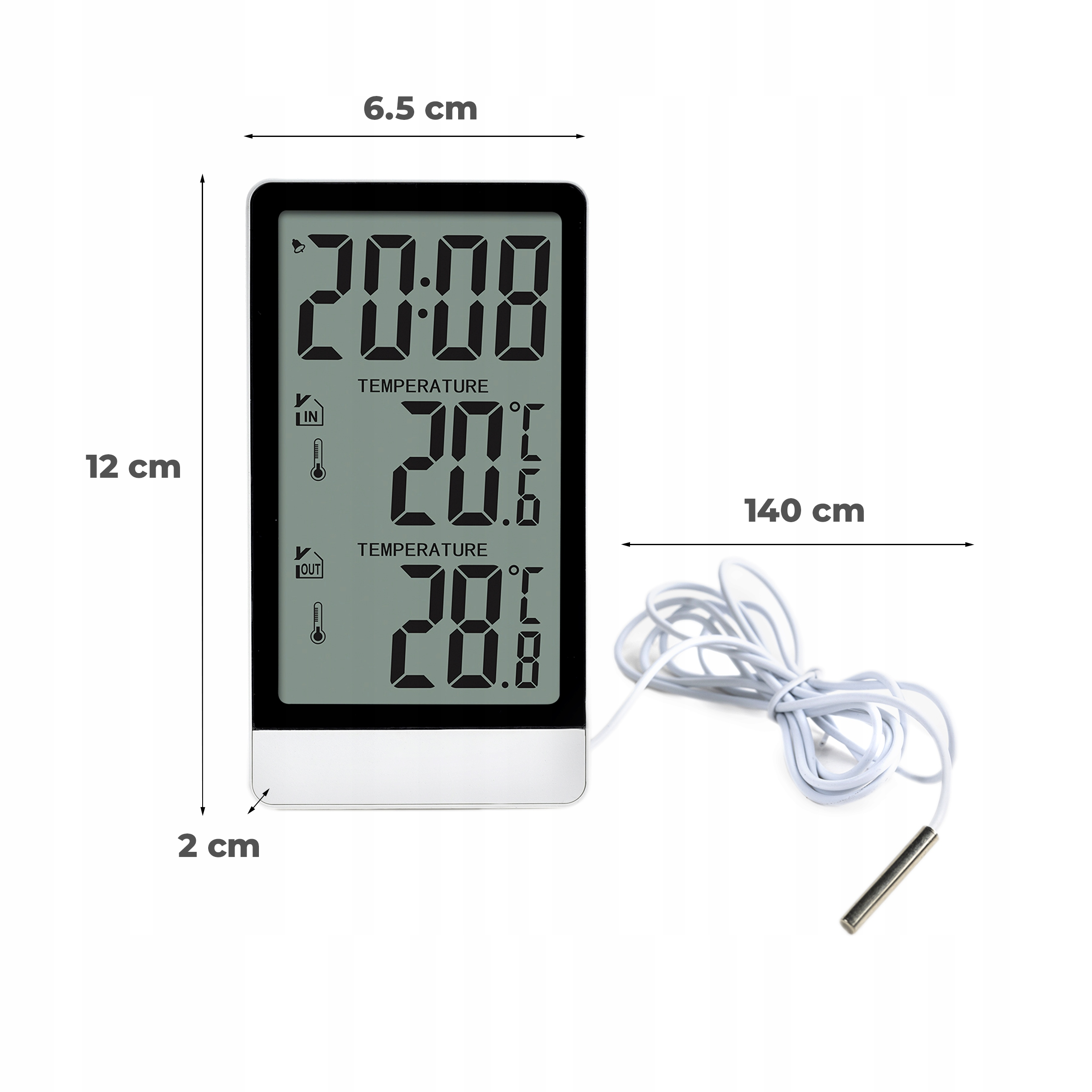 Termometr cyfrowy pokazuje czas i odczyty temperatury. Ma biały przewód i srebrny czujnik. Wymiary są wskazane.