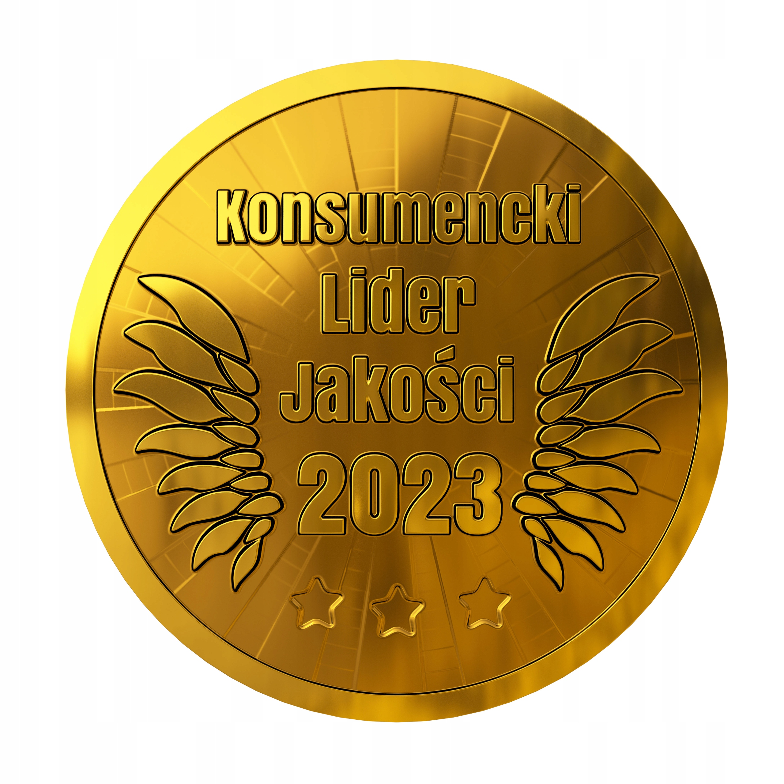 Złoty medal z polskim napisem i skrzydłami. Treść: 'Konsumencki Lider Jakosci 2023' z trzema gwiazdami na dole.