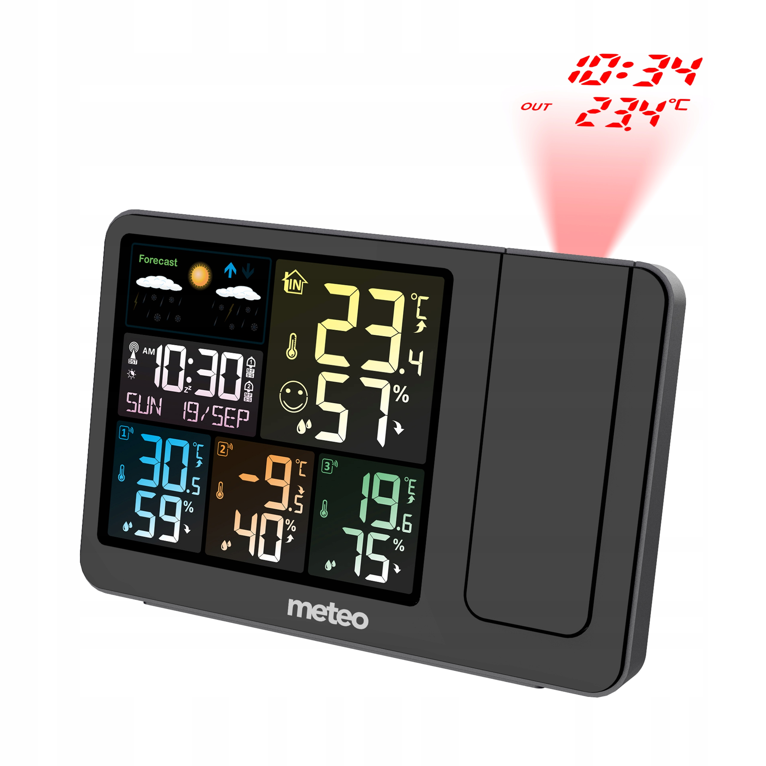 Cyfrowa stacja pogodowa wyświetla czas, prognozę, temperaturę i wilgotność, z czerwoną projekcją czasu i temperatury.