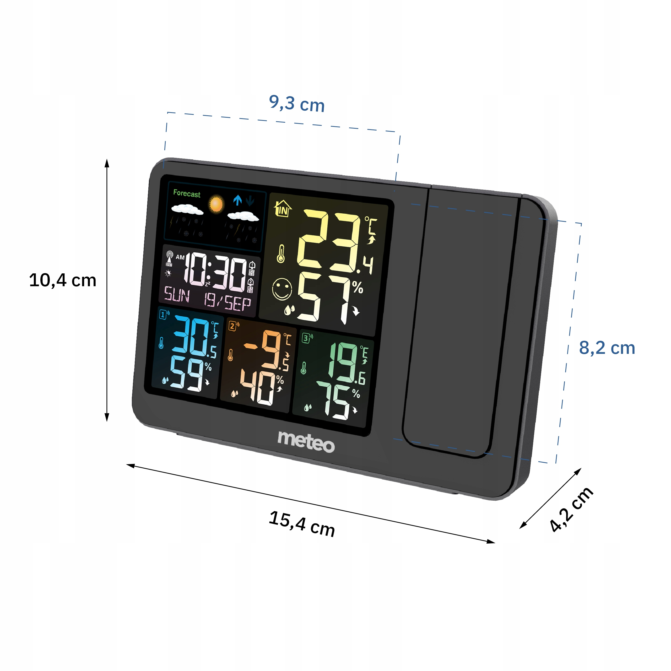 Czarna cyfrowa stacja pogodowa wyświetla godzinę, datę, temperaturę, wilgotność i informacje o prognozie pogody. Ma wymiary.