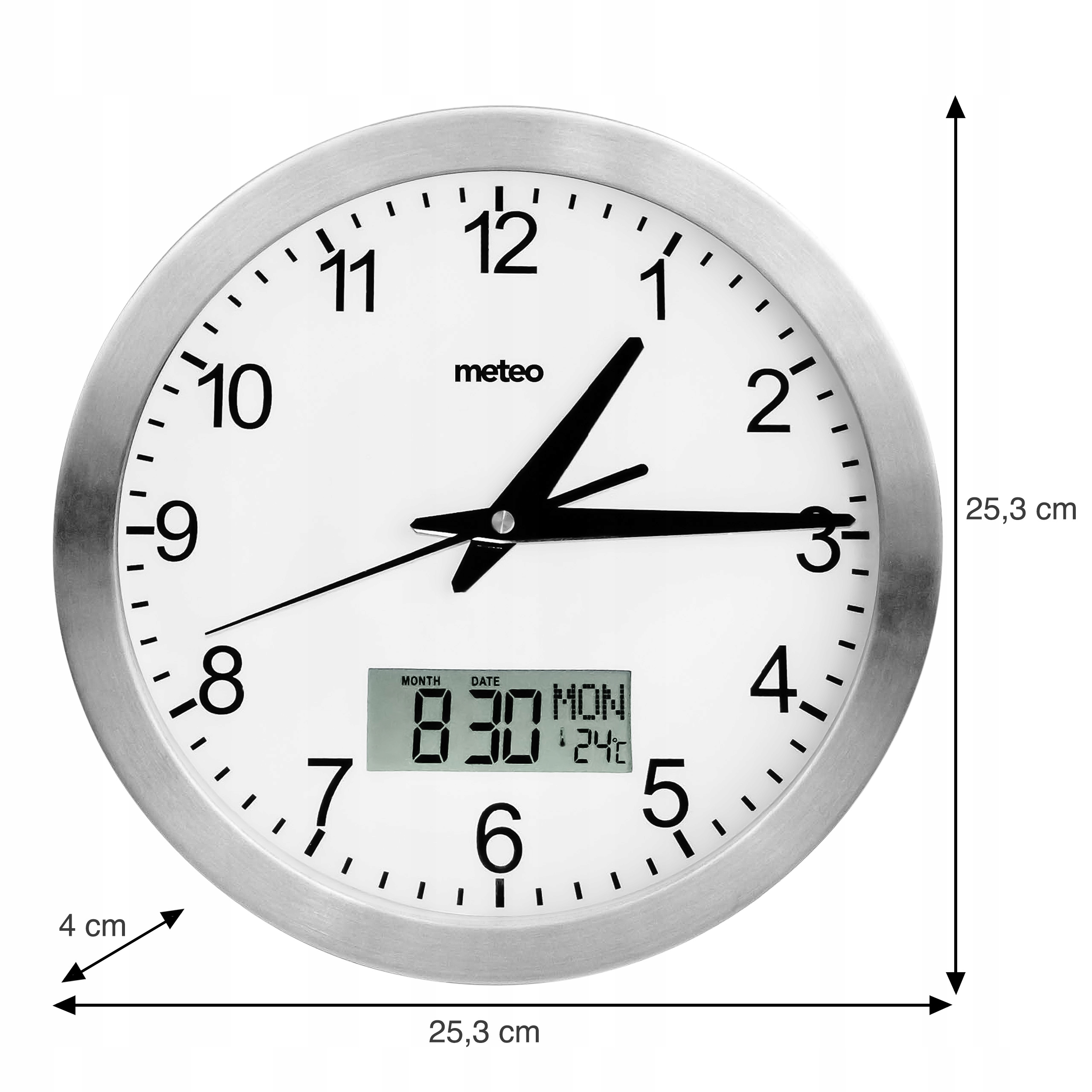 Okrągły zegar ze srebrną ramą. Pokazuje godzinę i datę na cyfrowym wyświetlaczu.