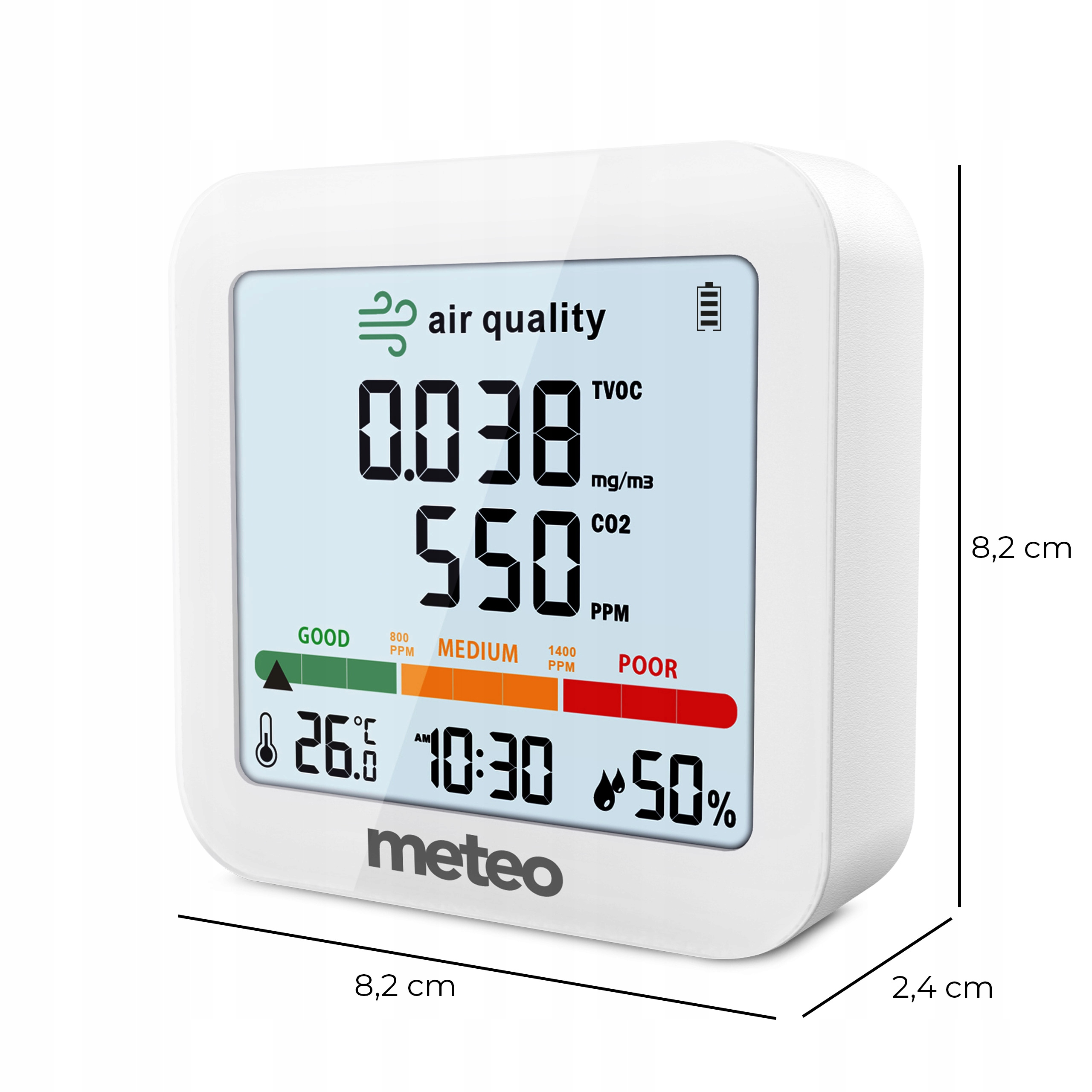 Biały monitor jakości powietrza wyświetla TVOC, poziom CO2, temperaturę, czas i wilgotność. Ma logo 'meteo'.