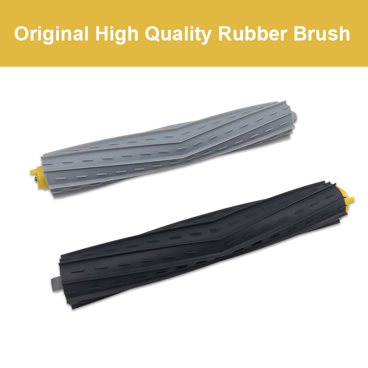 Dwie gumowe szczotki do odkurzacza. Jedna szara, druga czarna. Obie mają żółte nasadki na końcach. Białe tło.