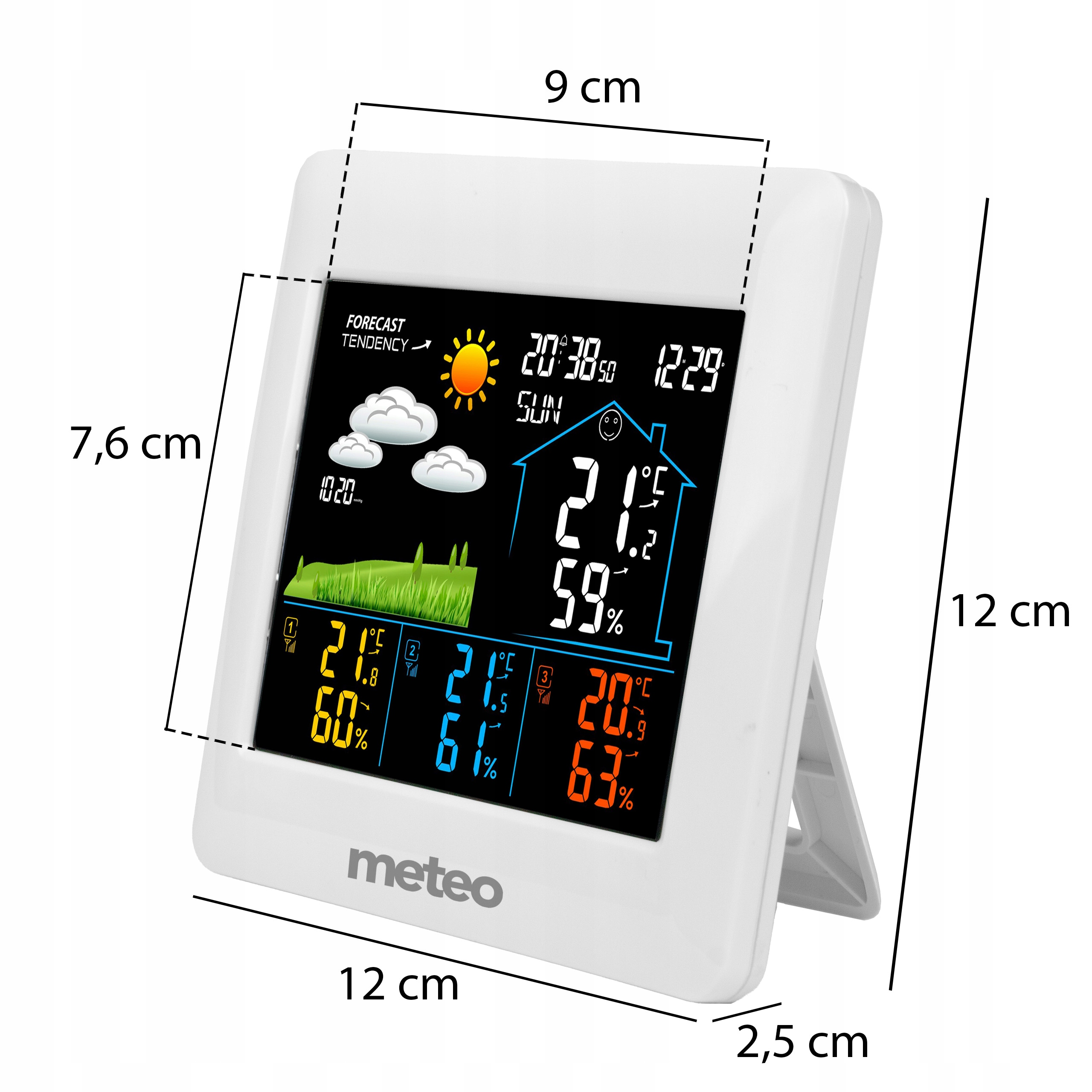 Biała stacja pogodowa wyświetla godzinę, temperaturę, wilgotność i ikony prognozy. Pomiary w stopniach Celsjusza.
