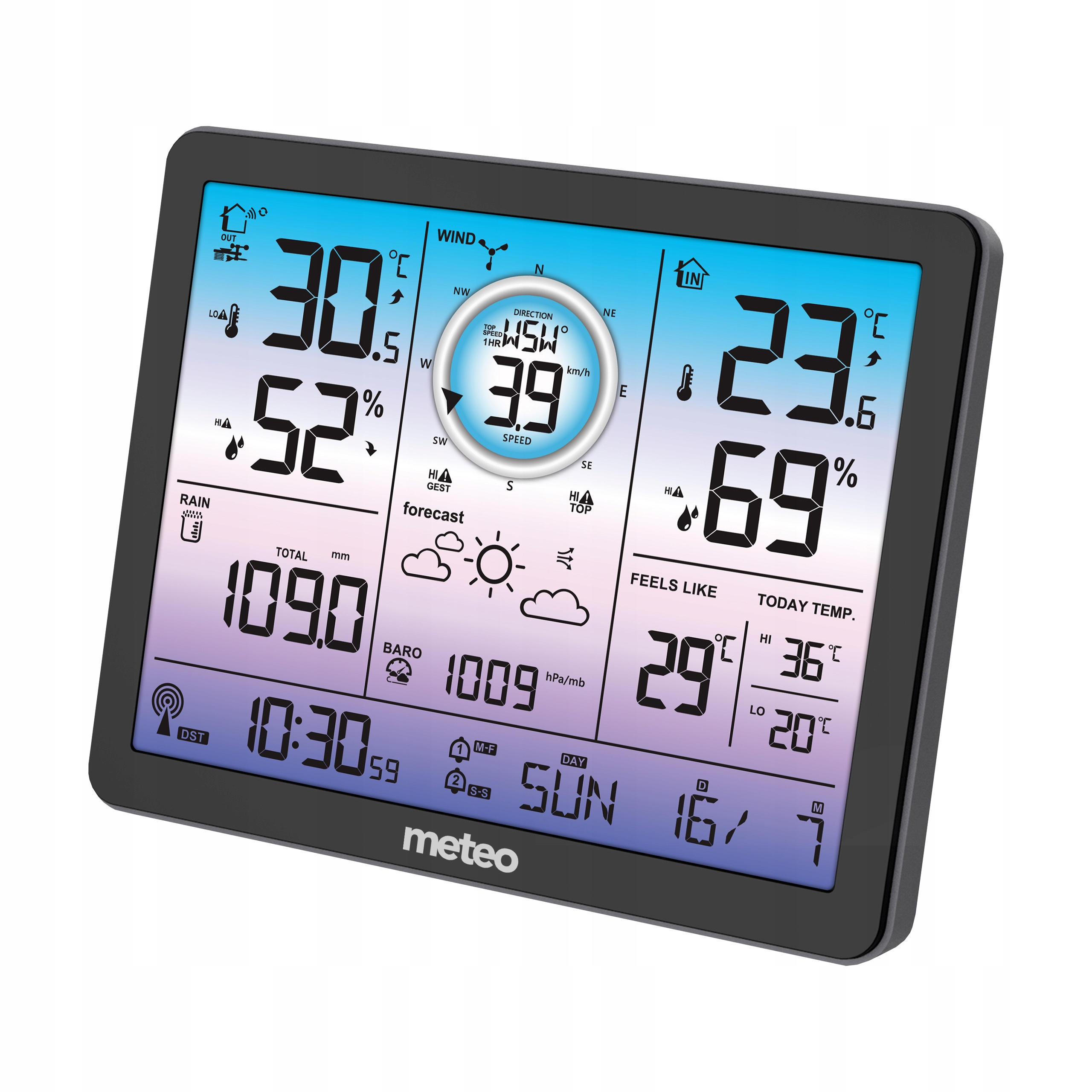 Stacja pogodowa wyświetlająca temperaturę, wilgotność, prędkość wiatru i inne dane meteorologiczne.