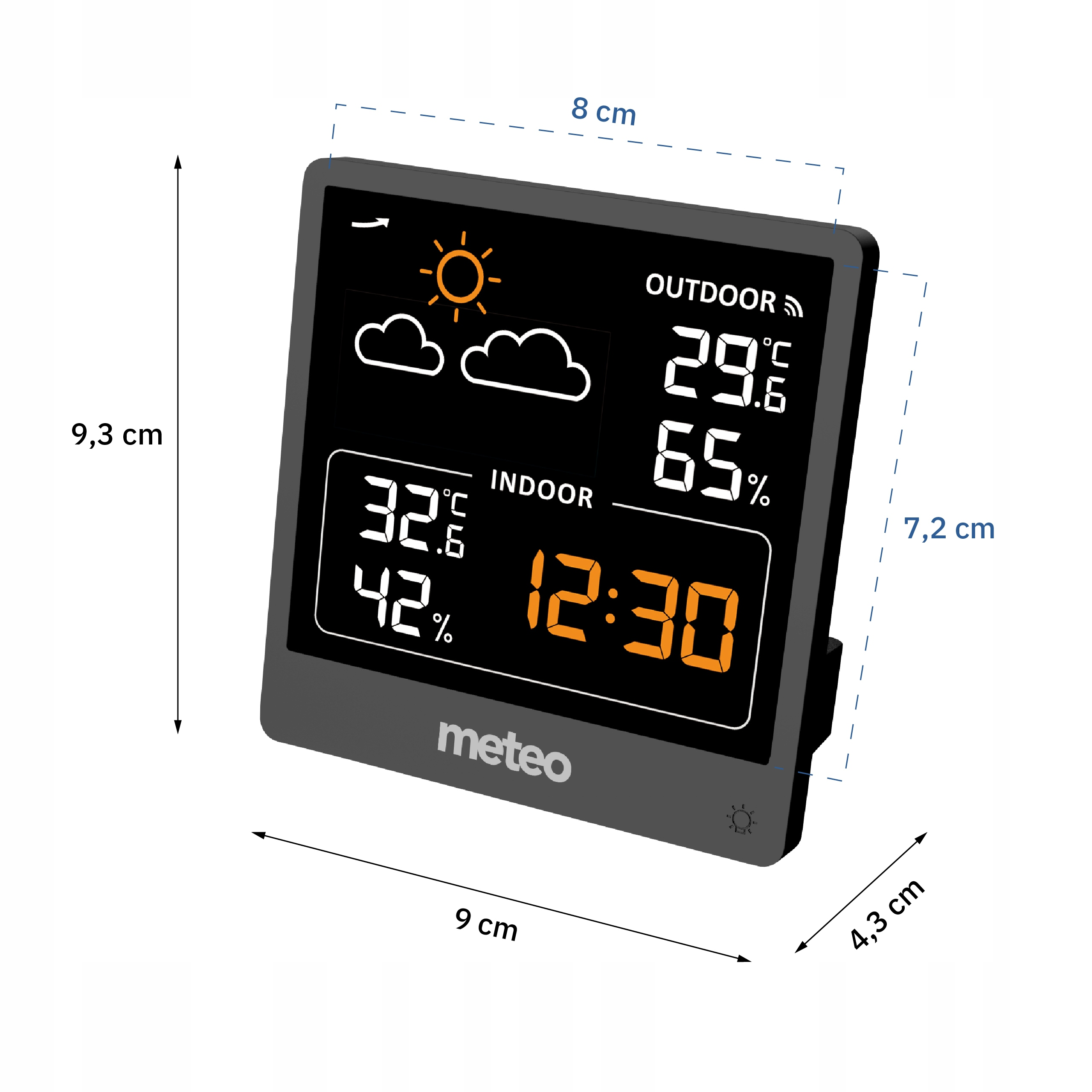 Cyfrowa stacja pogodowa wyświetla temperaturę zewnętrzną i wewnętrzną, wilgotność i czas. Ekran jest czarny, z białymi i pomarańczowymi cyframi.