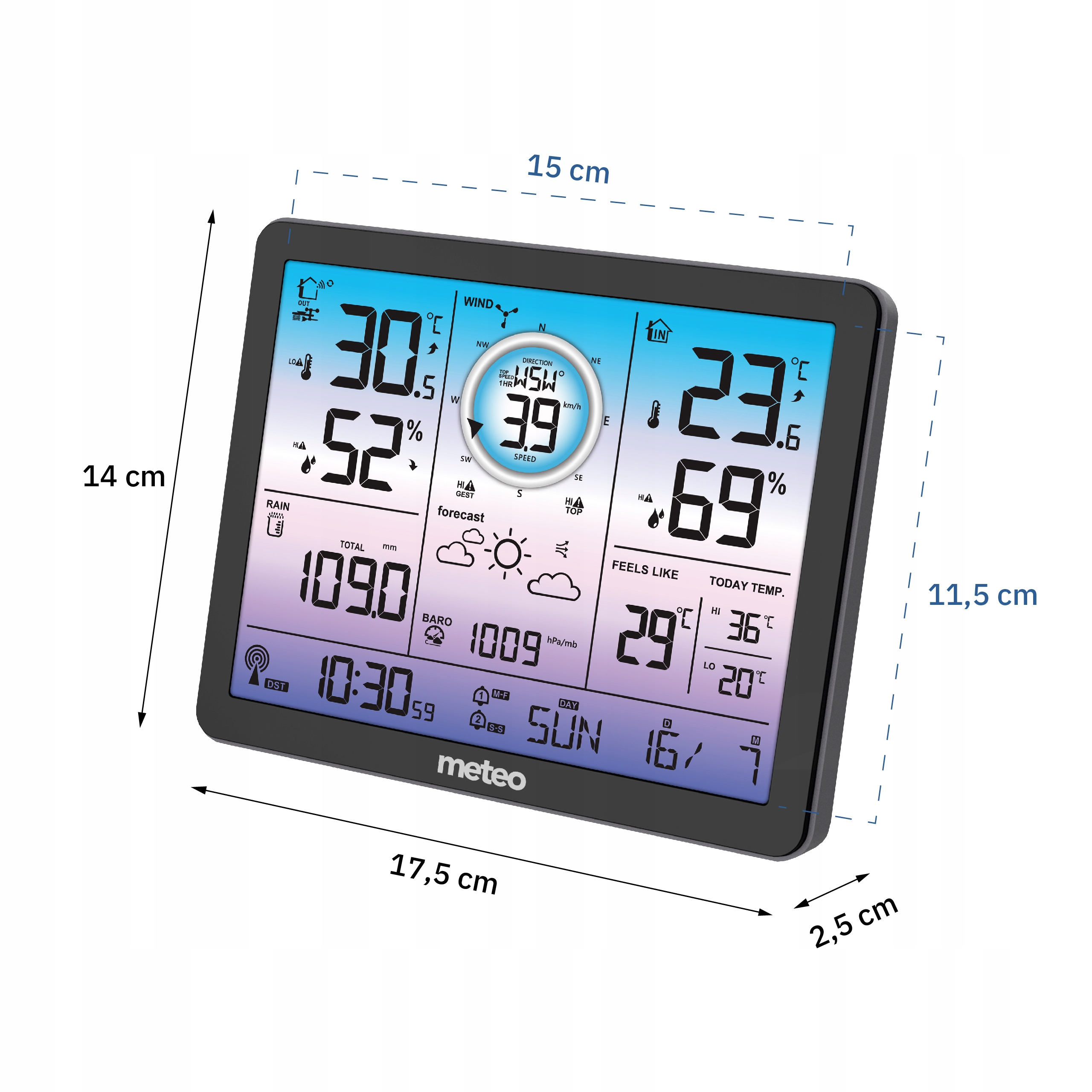Cyfrowa stacja pogodowa wyświetla temperaturę, prędkość wiatru i inne dane pogodowe. Czarna ramka z wymiarami i odczytami.
