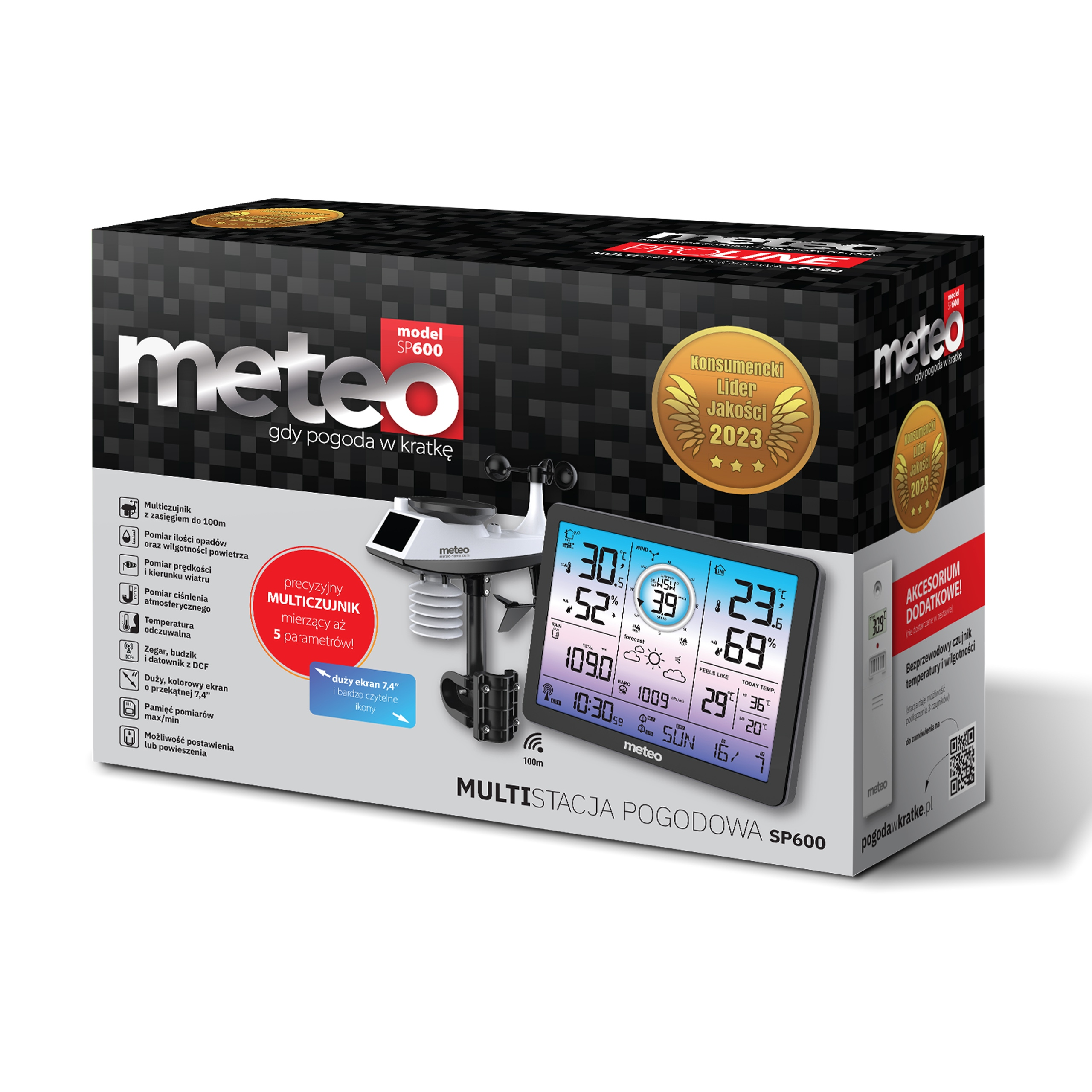 Pudełko stacji pogodowej z cyfrowym wyświetlaczem pokazującym temperaturę, wilgotność i informacje o prognozie.