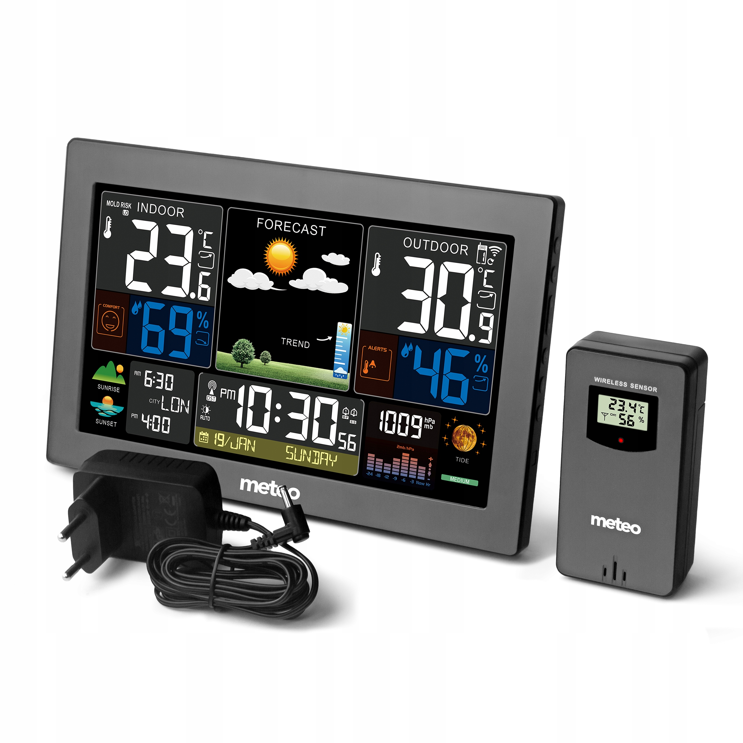 Stacja pogodowa wyświetla temperaturę wewnątrz/na zewnątrz, wilgotność, czas i prognozę. Zawiera czujnik i zasilacz.