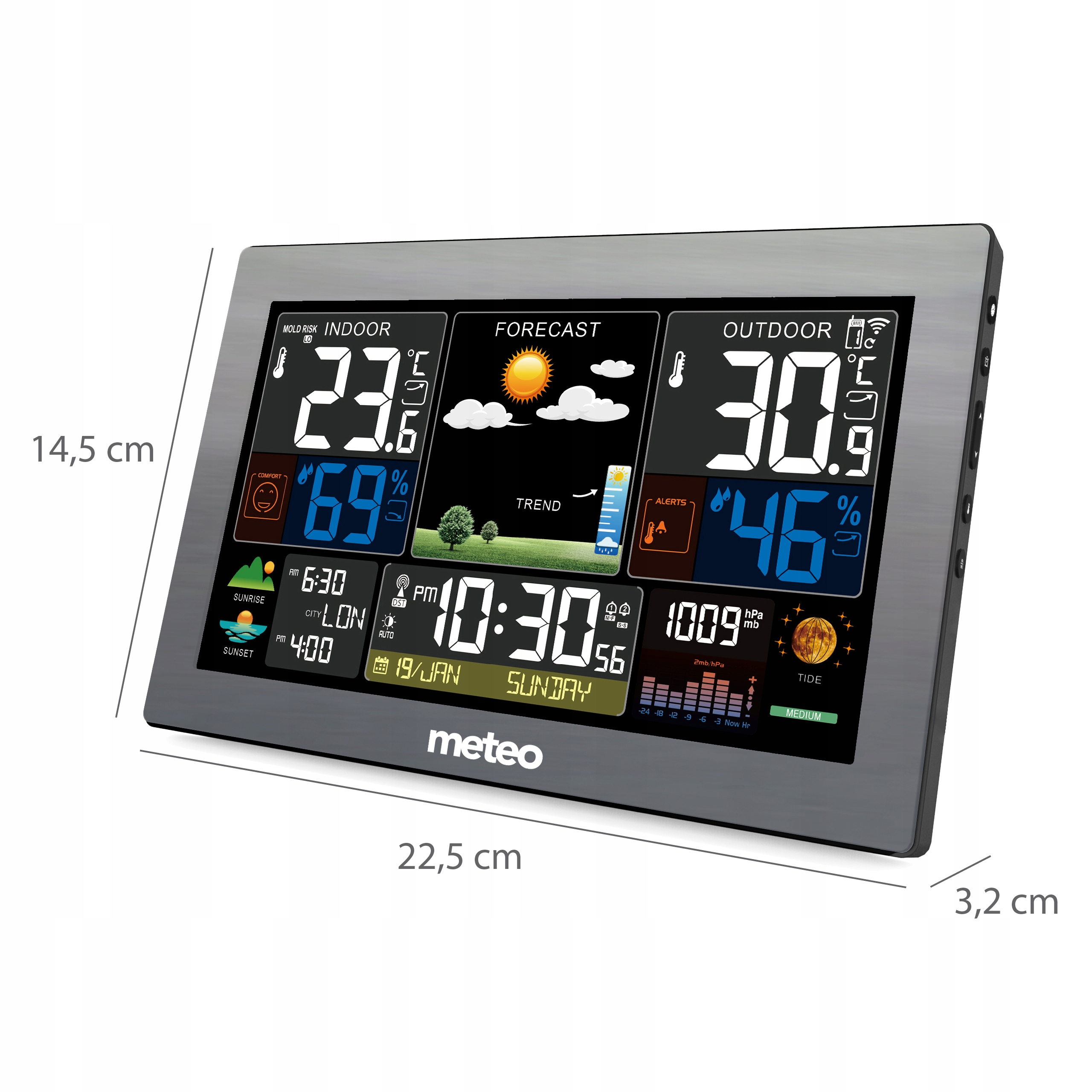 Cyfrowa stacja pogodowa wyświetla temperaturę wewnętrzną/zewnętrzną, wilgotność, godzinę, datę, prognozę i informacje o pływach.
