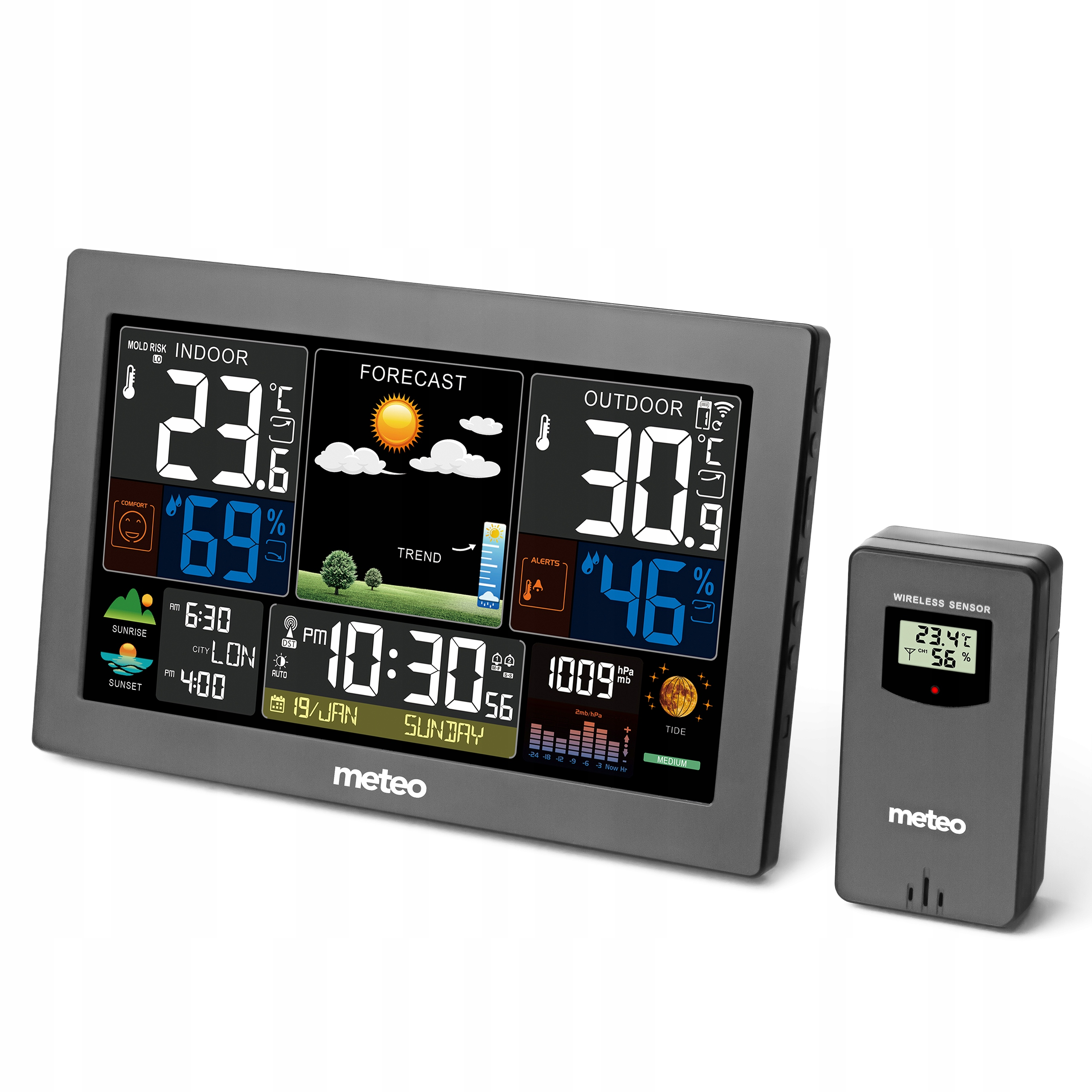 Cyfrowa stacja pogodowa wyświetla temperaturę wewnętrzną/zewnętrzną, wilgotność, prognozę i czas. Bezprzewodowy czujnik po prawej.