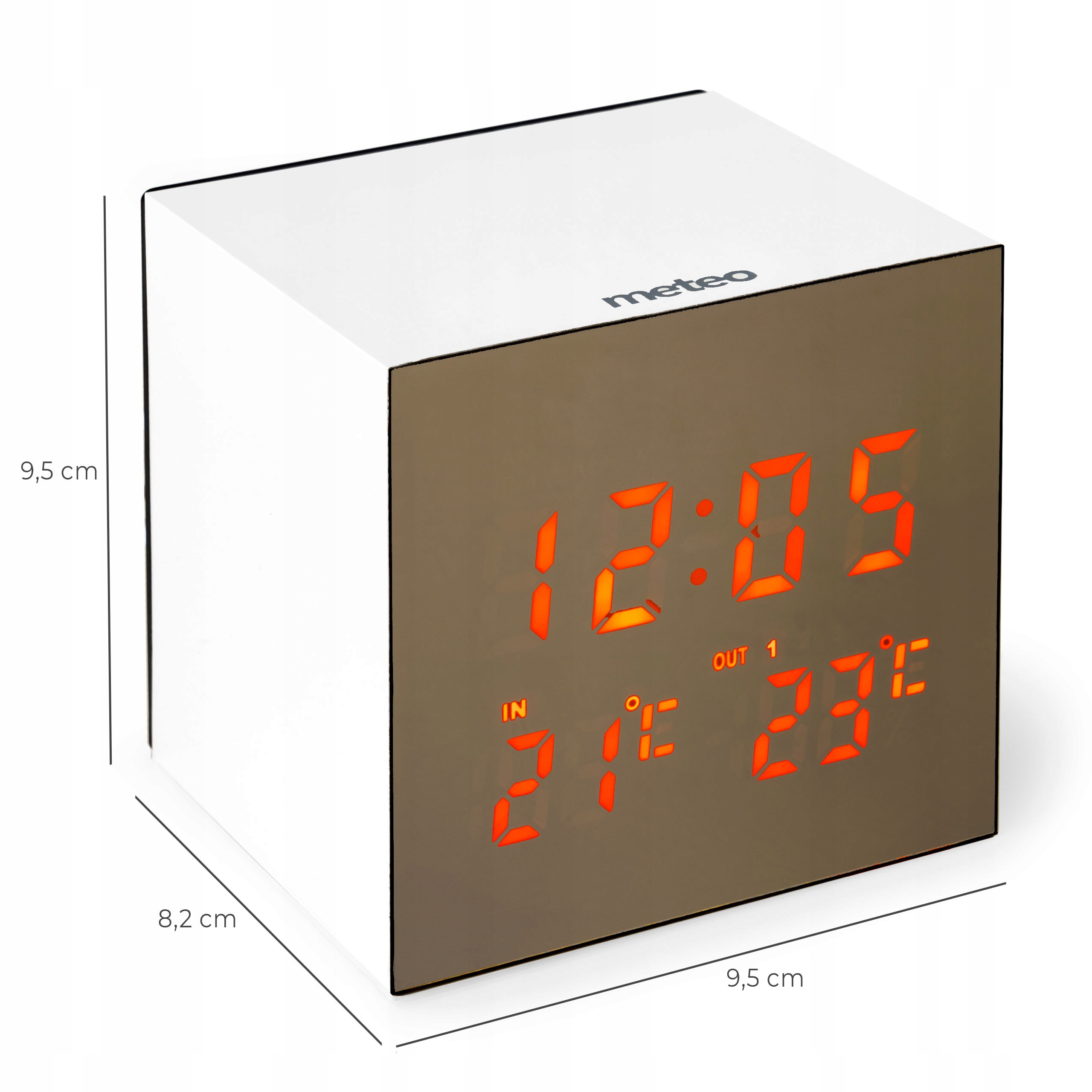Biały zegar w kształcie kostki z pomarańczowymi cyframi wyświetlającymi godzinę i temperaturę. Logo 'Meteo'. Pokazano wymiary.