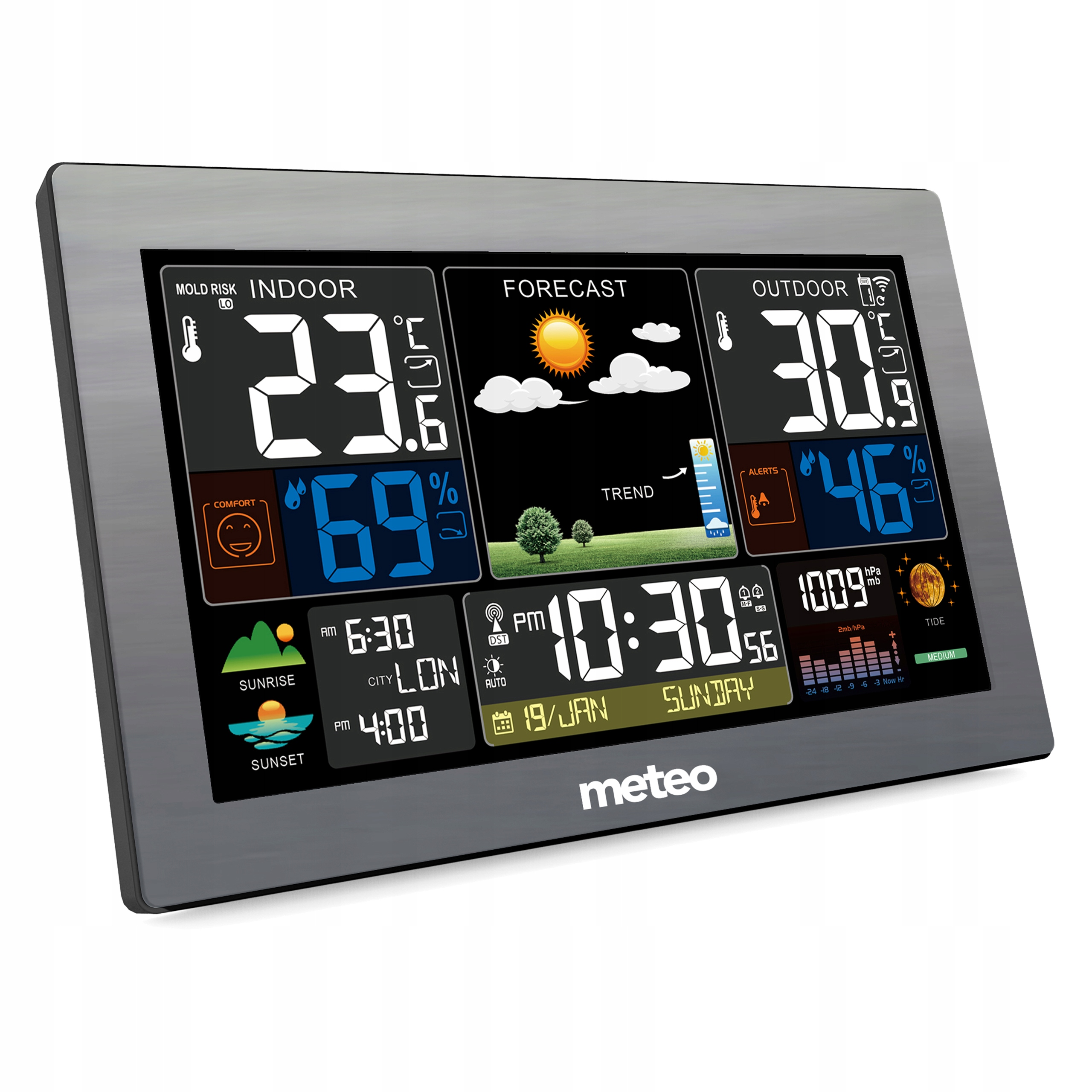 Cyfrowa stacja pogodowa wyświetla temperaturę wewnątrz/na zewnątrz, wilgotność, prognozę, godzinę, datę i informacje o pływach.
